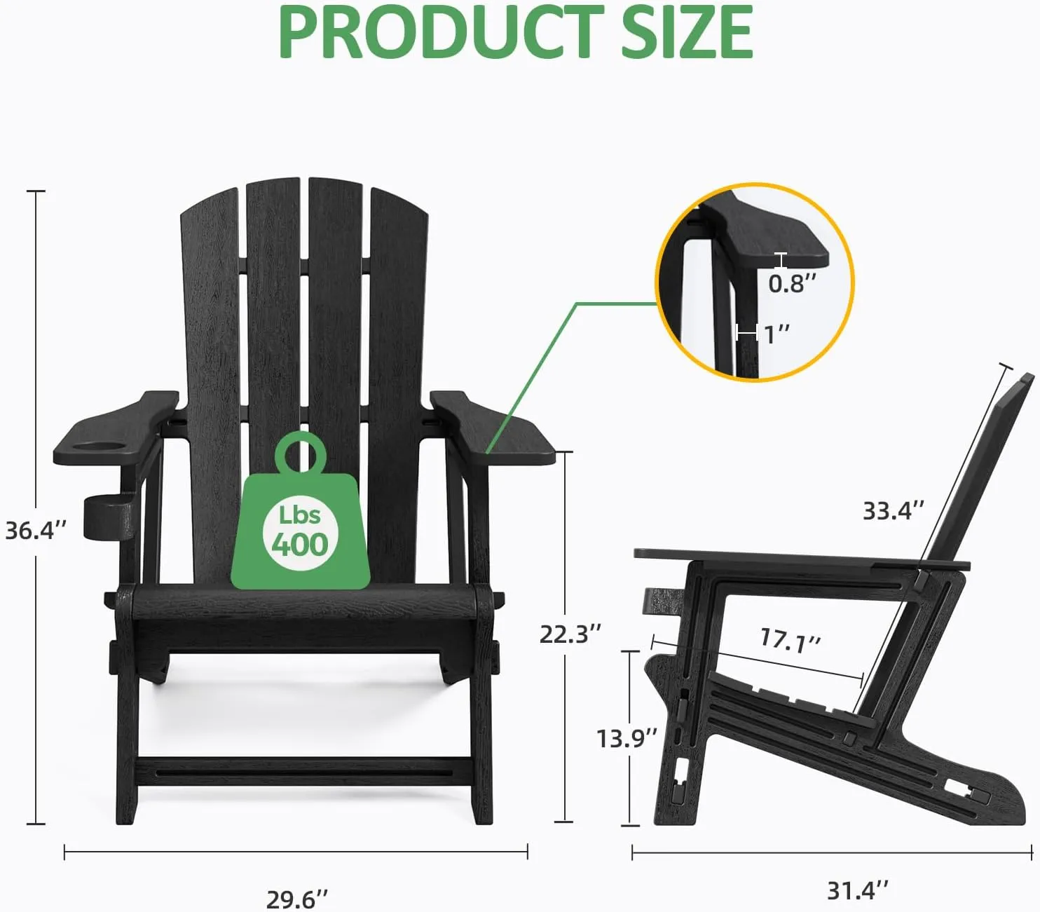 Adirondack Chair, Patio Chair with Cup Holder, Plastic Recliner Chair Without Screws Install, Outdoor Funiture for Backyard Garden Lawn Beach, 400 LBS Capacity, Black