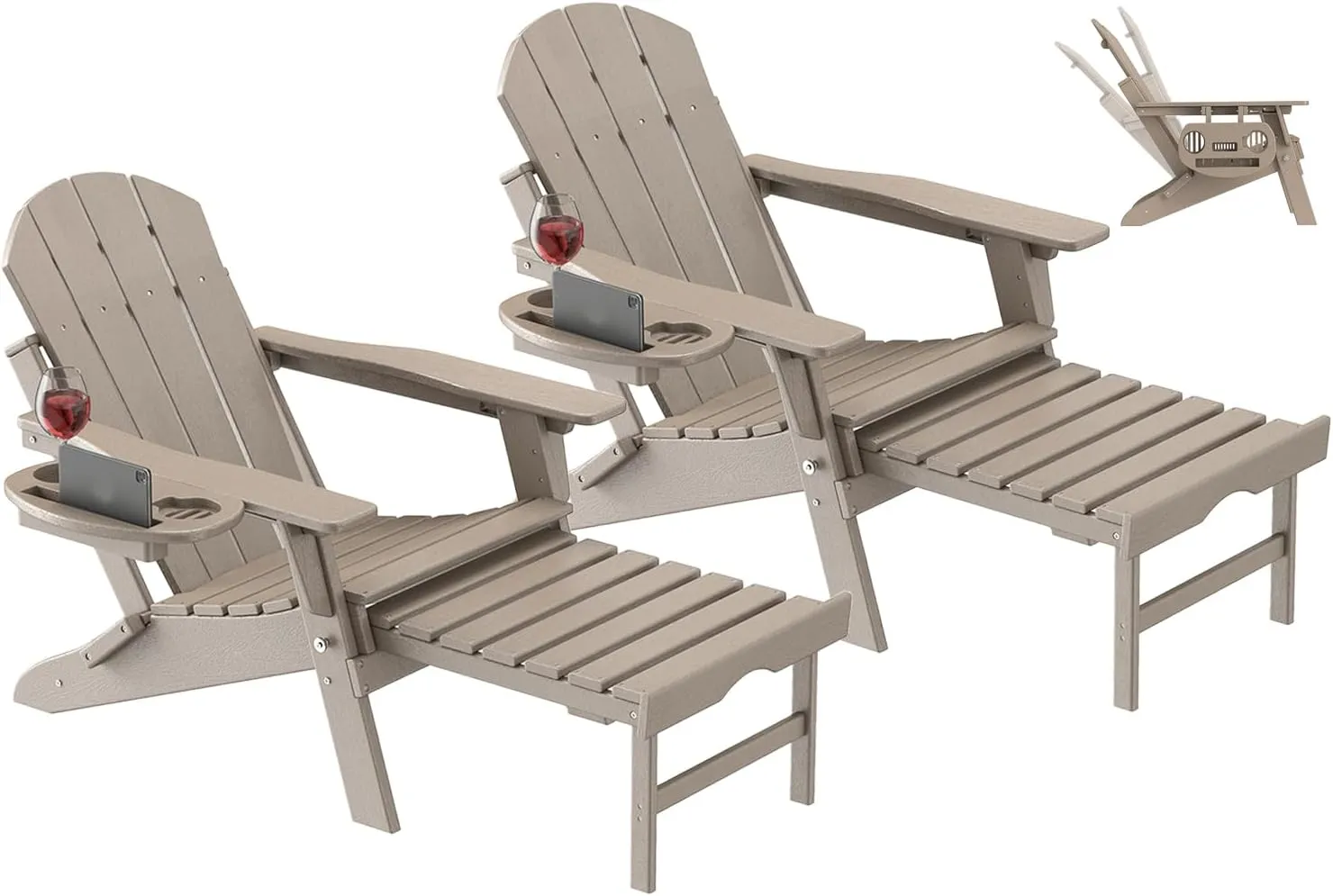 Adjustable Adirondack Chair with Retractable Ottoman Set of 2, HDPE Folding Adirondack Chair with Cup Holder, All Weather Fire Pit Chair for Outdoor.