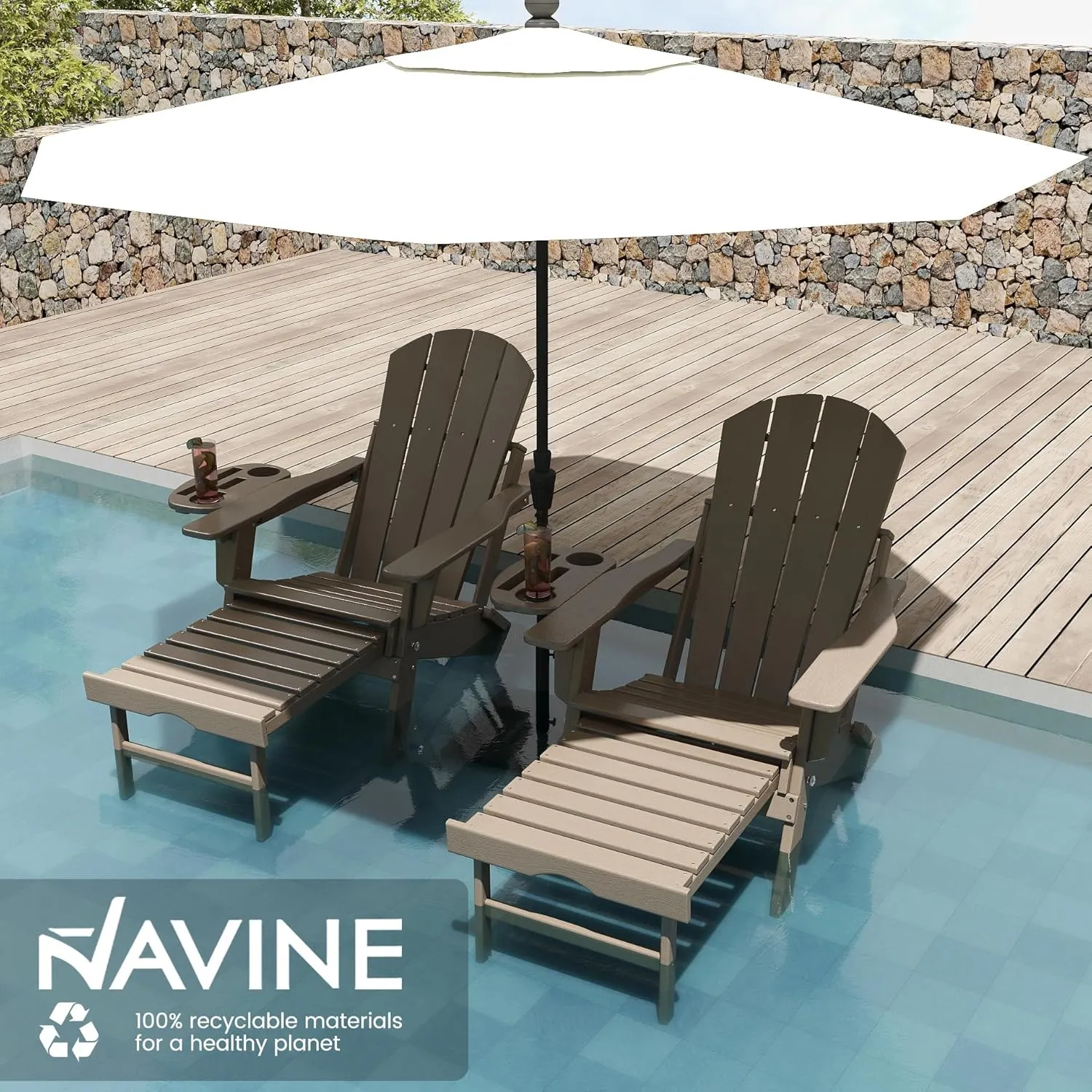 Adjustable Adirondack Chair with Retractable Ottoman Set of 2, HDPE Folding Adirondack Chair with Cup Holder, All Weather Fire Pit Chair for Outdoor.