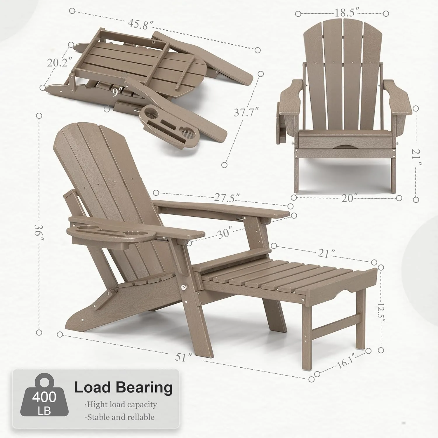 Adjustable Adirondack Chair with Retractable Ottoman Set of 2, HDPE Folding Adirondack Chair with Cup Holder, All Weather Fire Pit Chair for Outdoor.