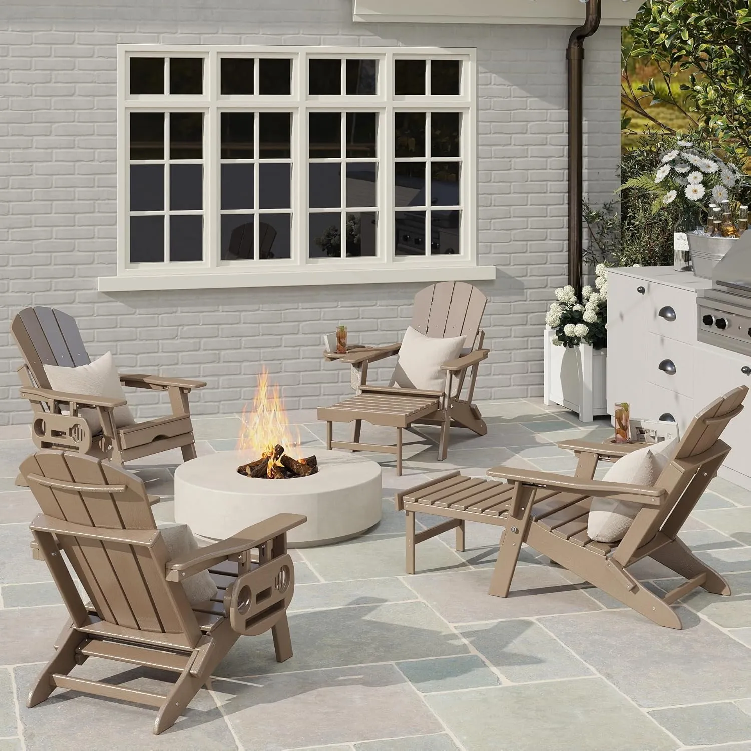 Adjustable Adirondack Chair with Retractable Ottoman Set of 2, HDPE Folding Adirondack Chair with Cup Holder, All Weather Fire Pit Chair for Outdoor.