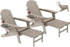 Adjustable Adirondack Chair with Retractable Ottoman Set of 2, HDPE Folding Adirondack Chair with Cup Holder, All Weather Fire Pit Chair for Outdoor.