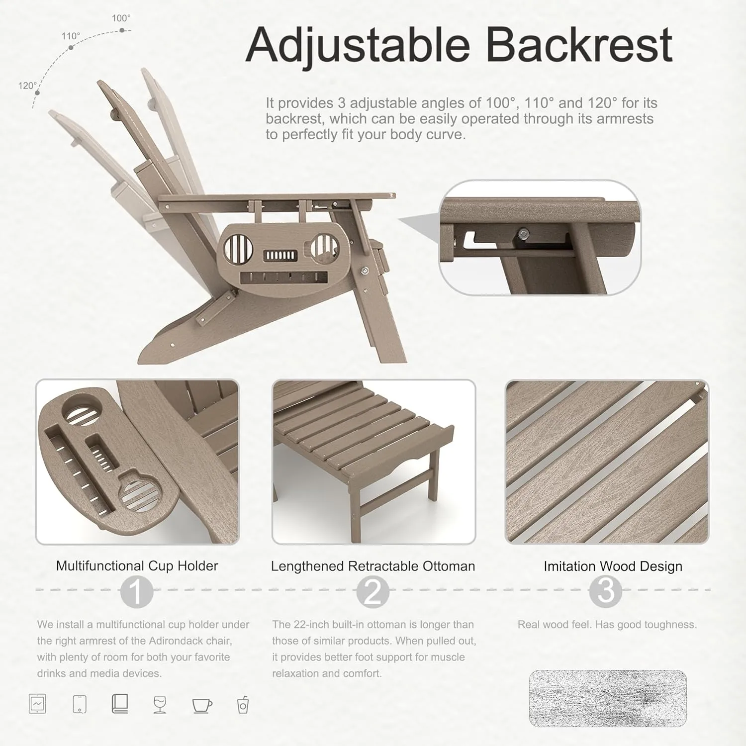 Adjustable Adirondack Chair with Retractable Ottoman Set of 2, HDPE Folding Adirondack Chair with Cup Holder, All Weather Fire Pit Chair for Outdoor.