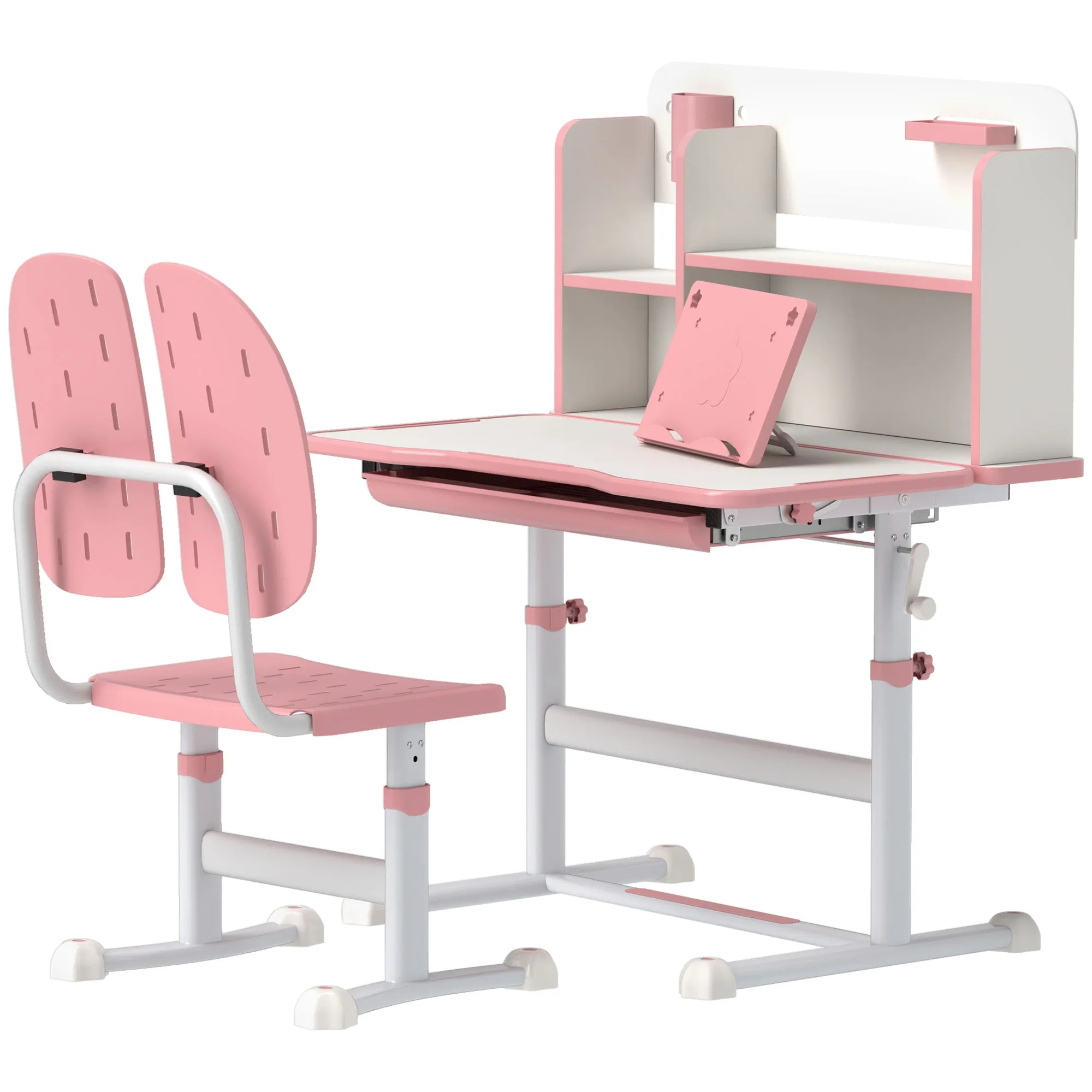 Adjustable Height Kids Desk and Chair Set, Kids Study Table and Chair with Tilt Desktop, Drawer, Reading Rack, Pink