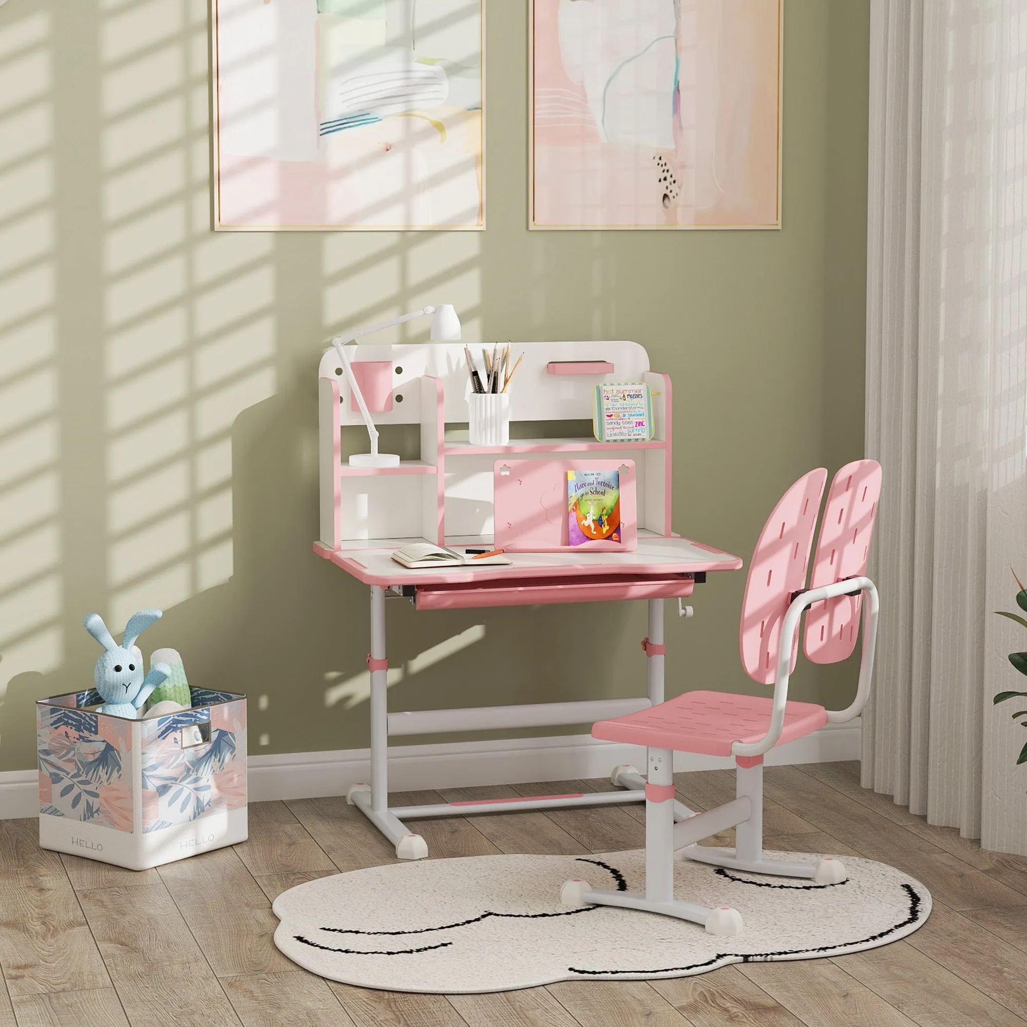 Adjustable Height Kids Desk and Chair Set, Kids Study Table and Chair with Tilt Desktop, Drawer, Reading Rack, Pink