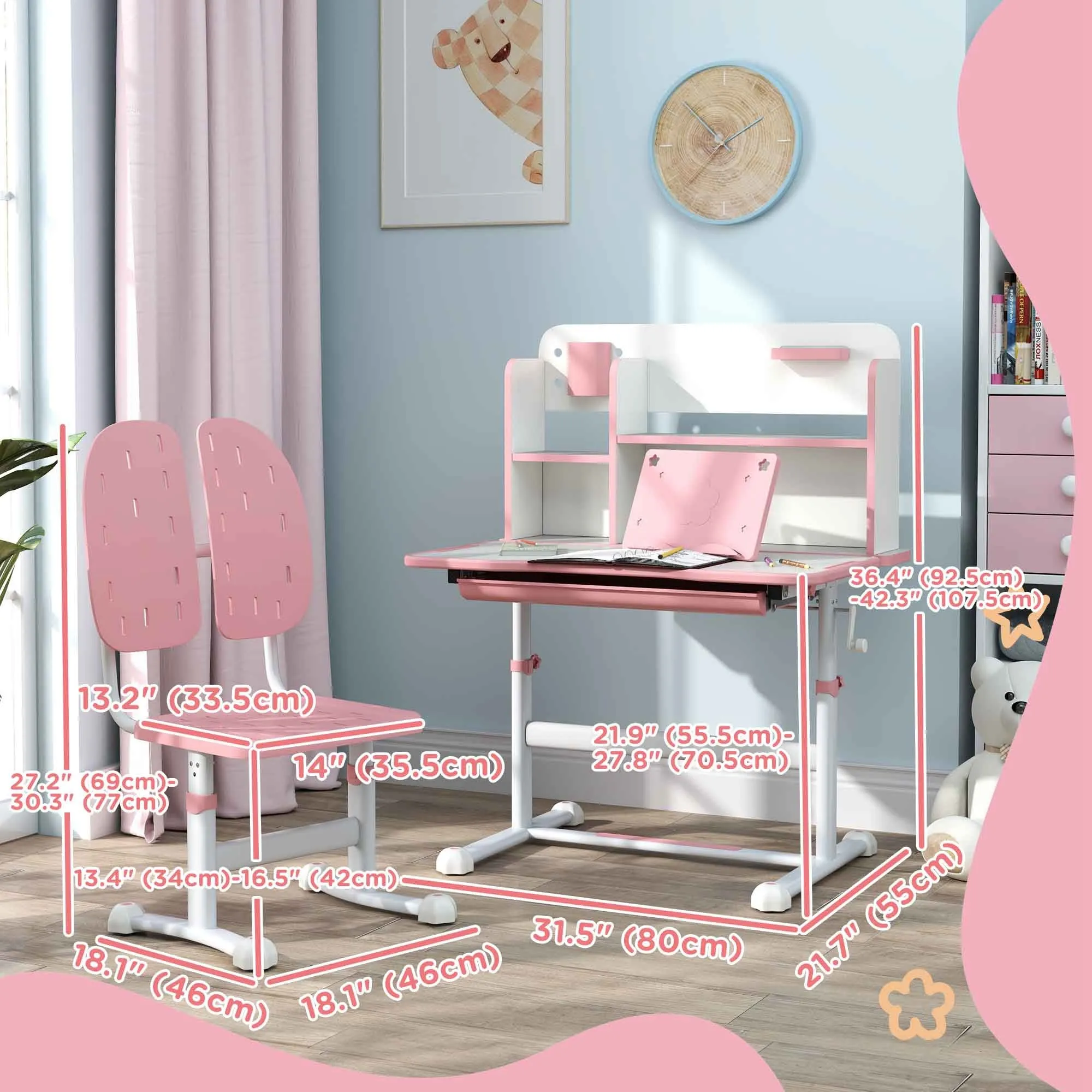 Adjustable Height Kids Desk and Chair Set, Kids Study Table and Chair with Tilt Desktop, Drawer, Reading Rack, Pink