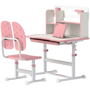 Adjustable Height Kids Desk and Chair Set, Kids Study Table and Chair with Tilt Desktop, Drawer, Reading Rack, Pink