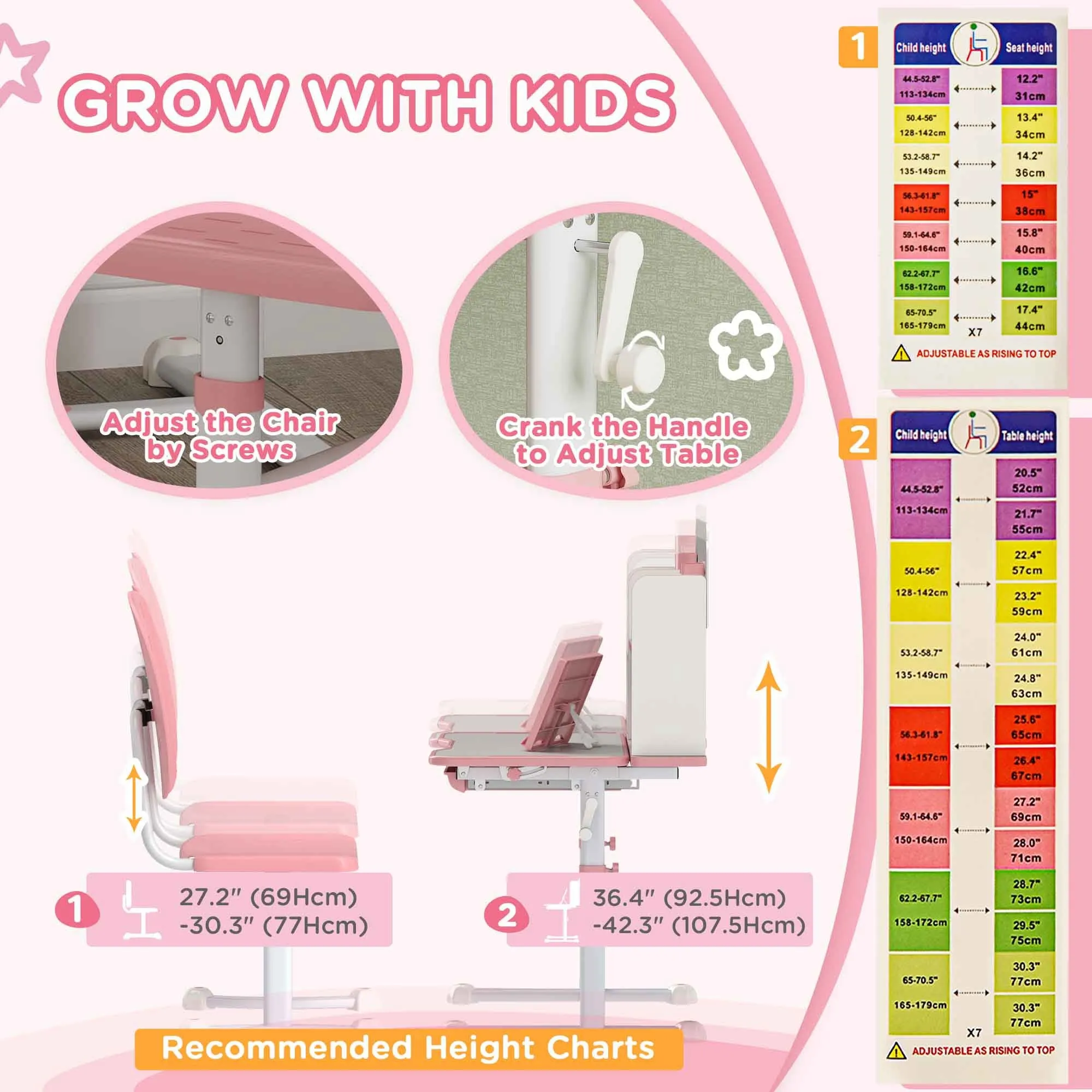 Adjustable Height Kids Desk and Chair Set, Kids Study Table and Chair with Tilt Desktop, Drawer, Reading Rack, Pink
