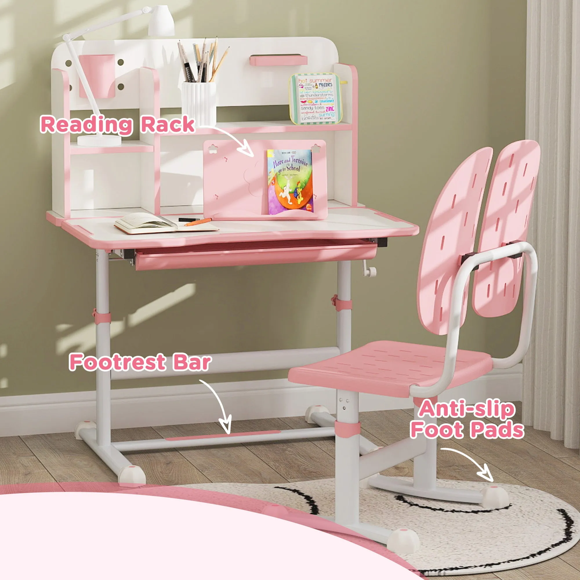 Adjustable Height Kids Desk and Chair Set, Kids Study Table and Chair with Tilt Desktop, Drawer, Reading Rack, Pink