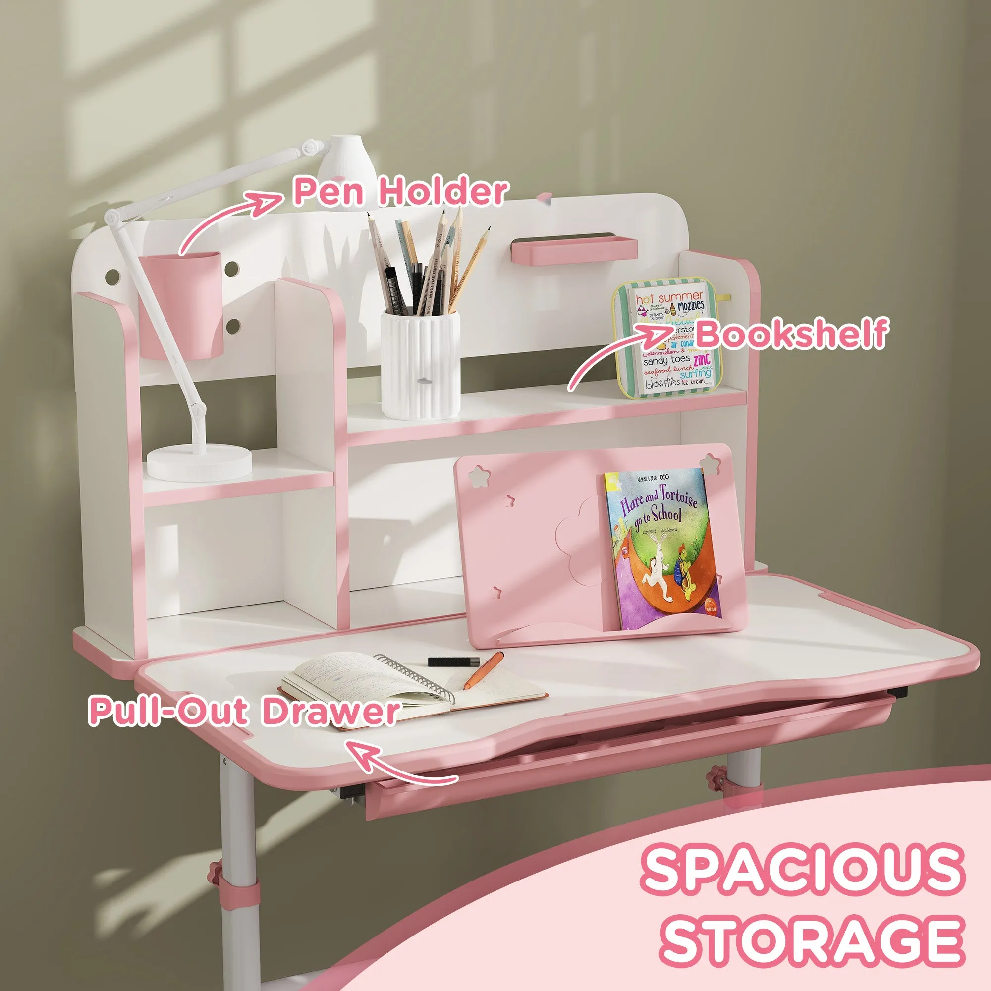 Adjustable Height Kids Desk and Chair Set, Kids Study Table and Chair with Tilt Desktop, Drawer, Reading Rack, Pink