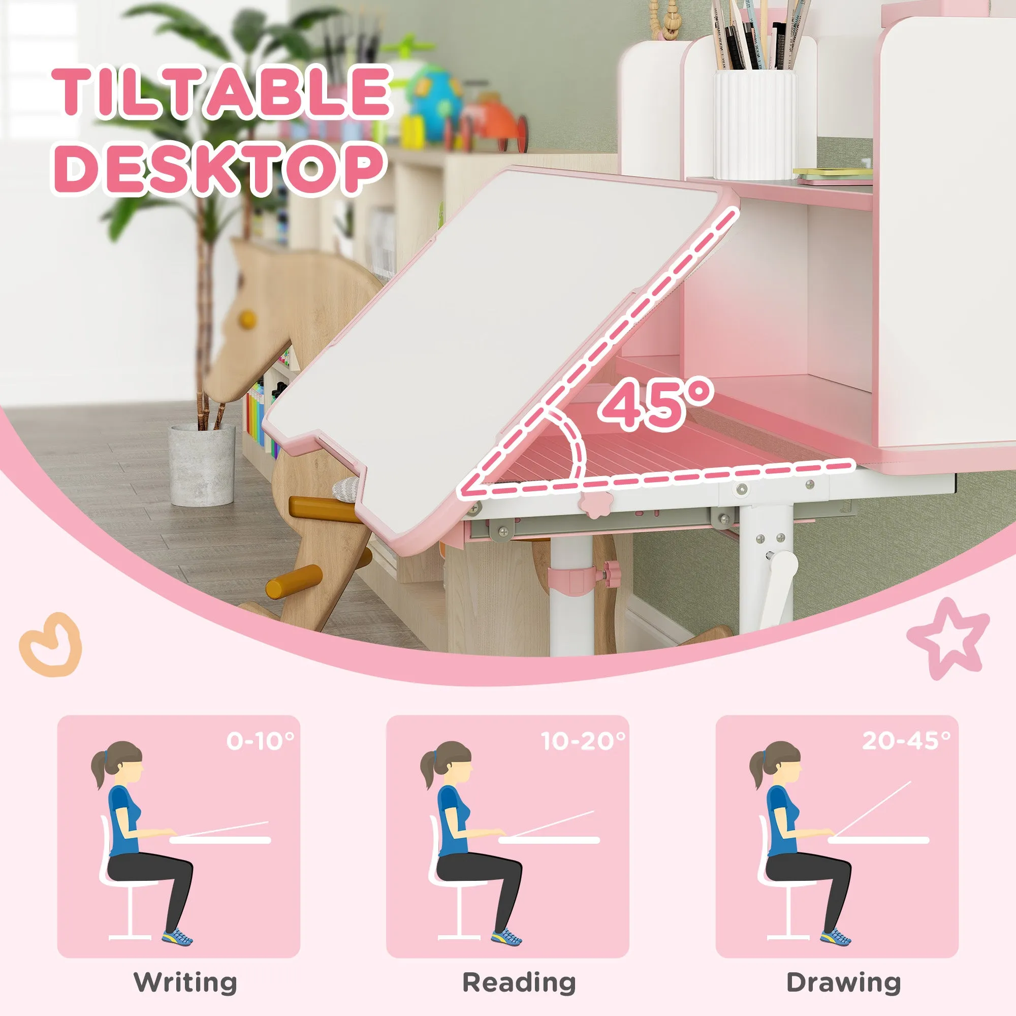 Adjustable Height Kids Desk and Chair Set, Kids Study Table and Chair with Tilt Desktop, Drawer, Reading Rack, Pink