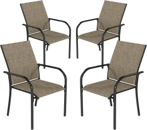 AECOJOY Patio Dining Chairs Set for 4, Stackable Textilene Patio Chairs with Armrests and Metal Frame, Outdoor Furniture Set for All Weather, Backyare, Deck and Garden, Brown