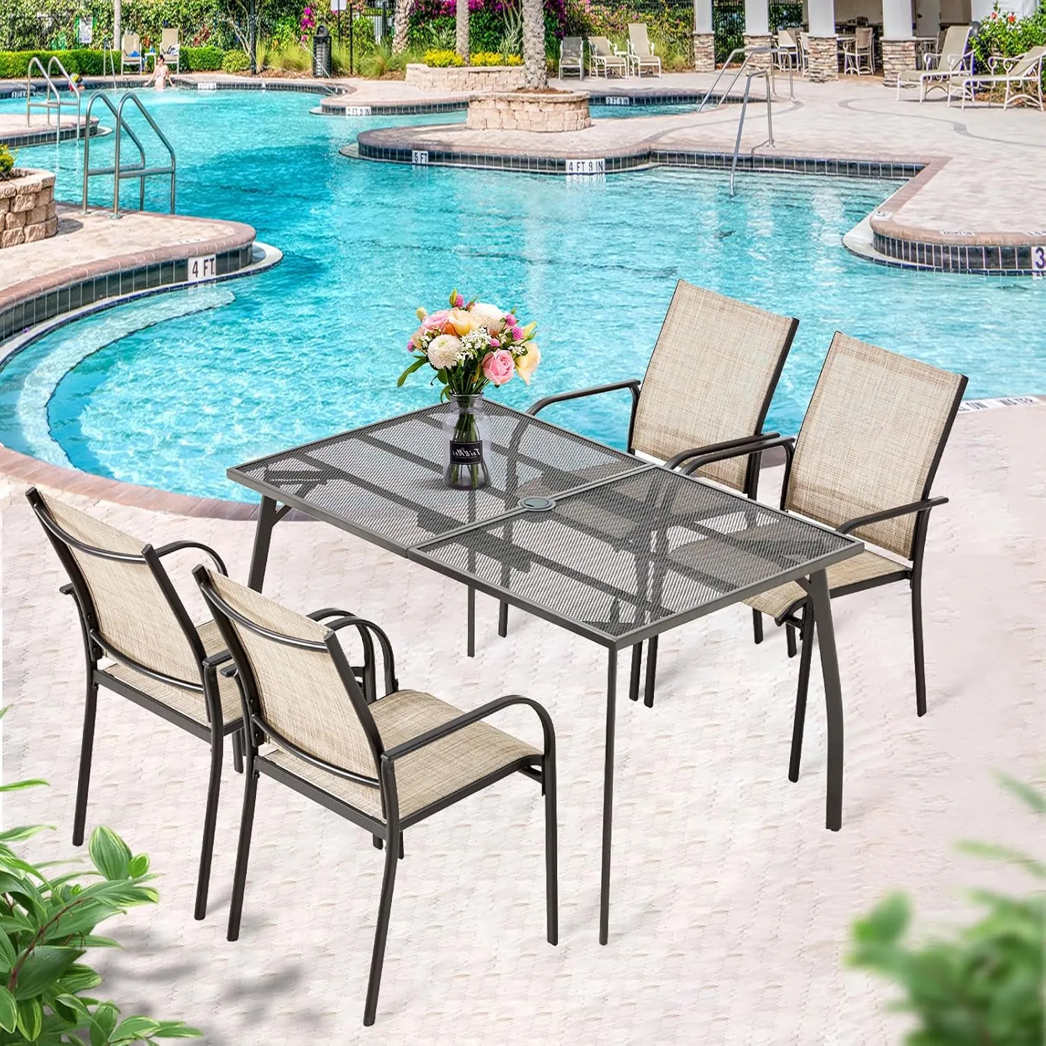 AECOJOY Patio Dining Chairs Set for 4, Stackable Textilene Patio Chairs with Armrests and Metal Frame, Outdoor Furniture Set for All Weather, Backyare, Deck and Garden, Brown