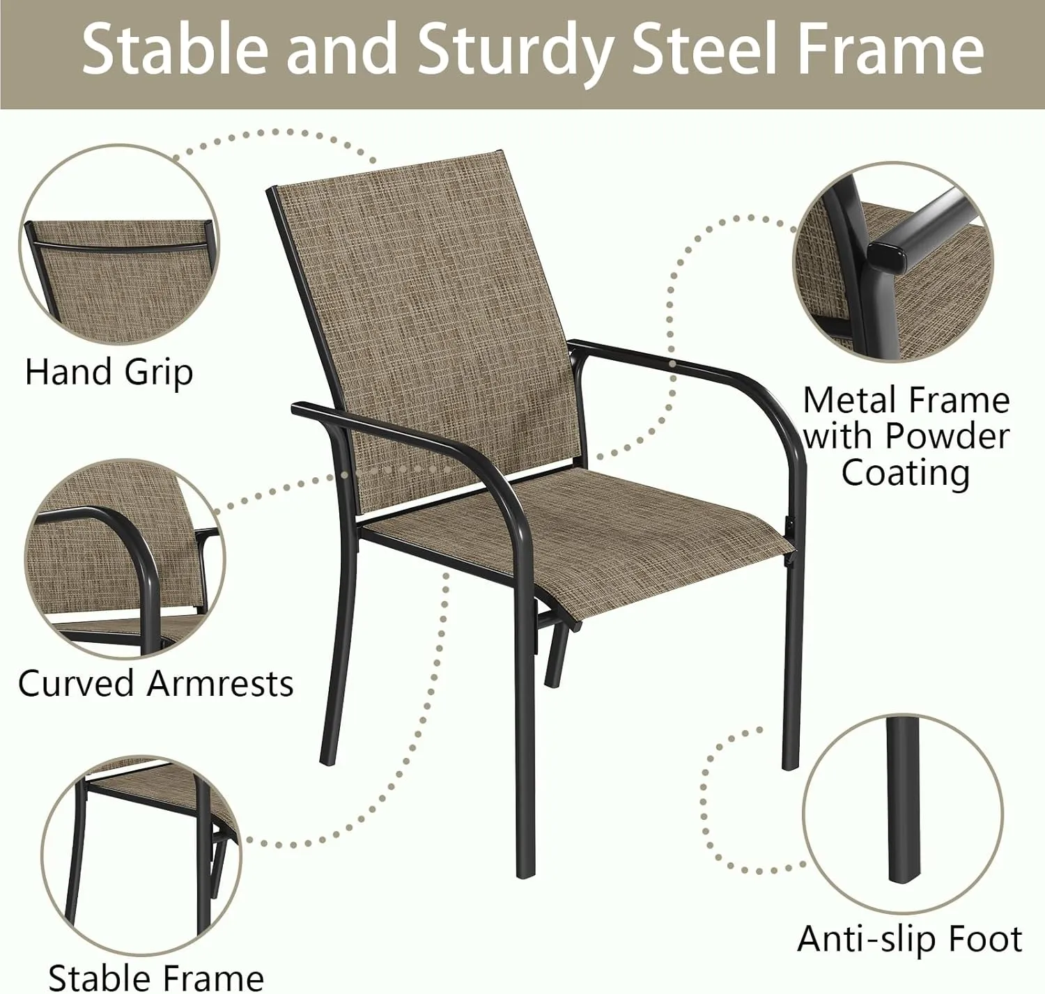 AECOJOY Patio Dining Chairs Set for 4, Stackable Textilene Patio Chairs with Armrests and Metal Frame, Outdoor Furniture Set for All Weather, Backyare, Deck and Garden, Brown