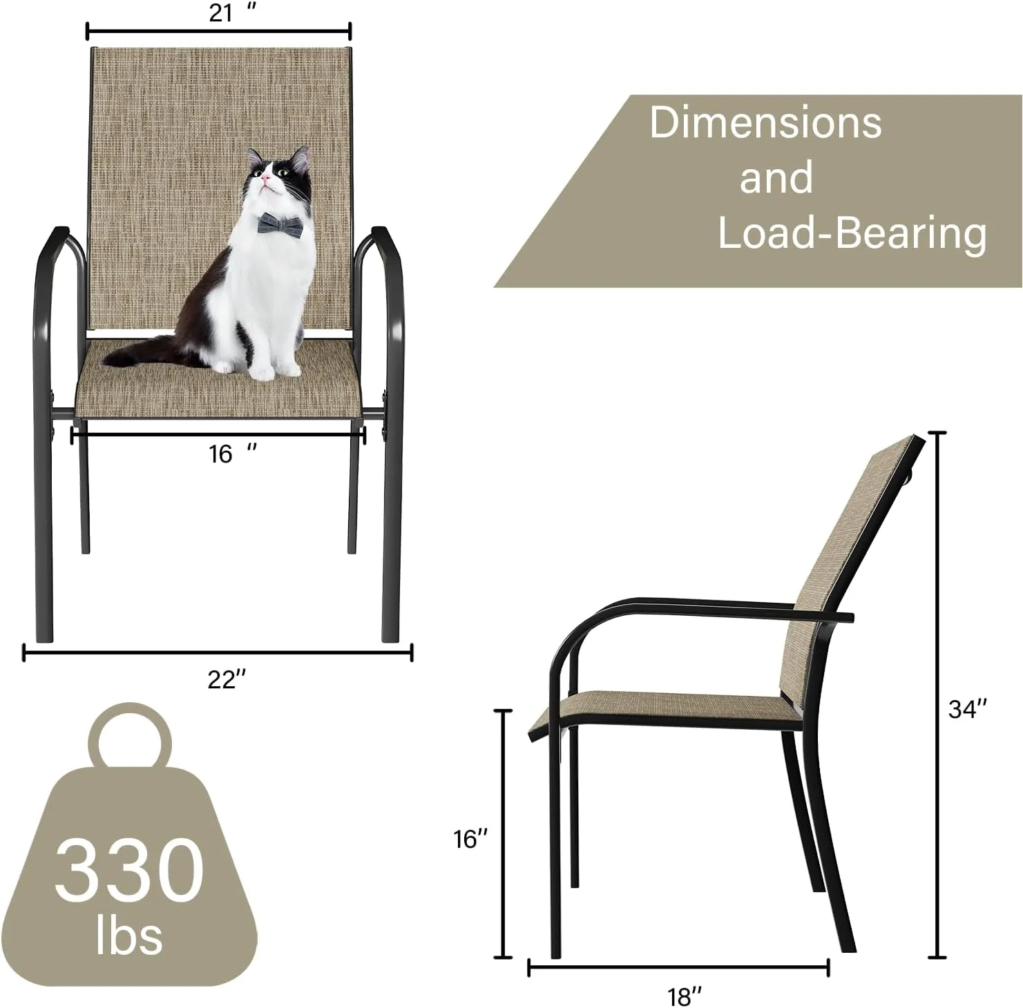 AECOJOY Patio Dining Chairs Set for 4, Stackable Textilene Patio Chairs with Armrests and Metal Frame, Outdoor Furniture Set for All Weather, Backyare, Deck and Garden, Brown