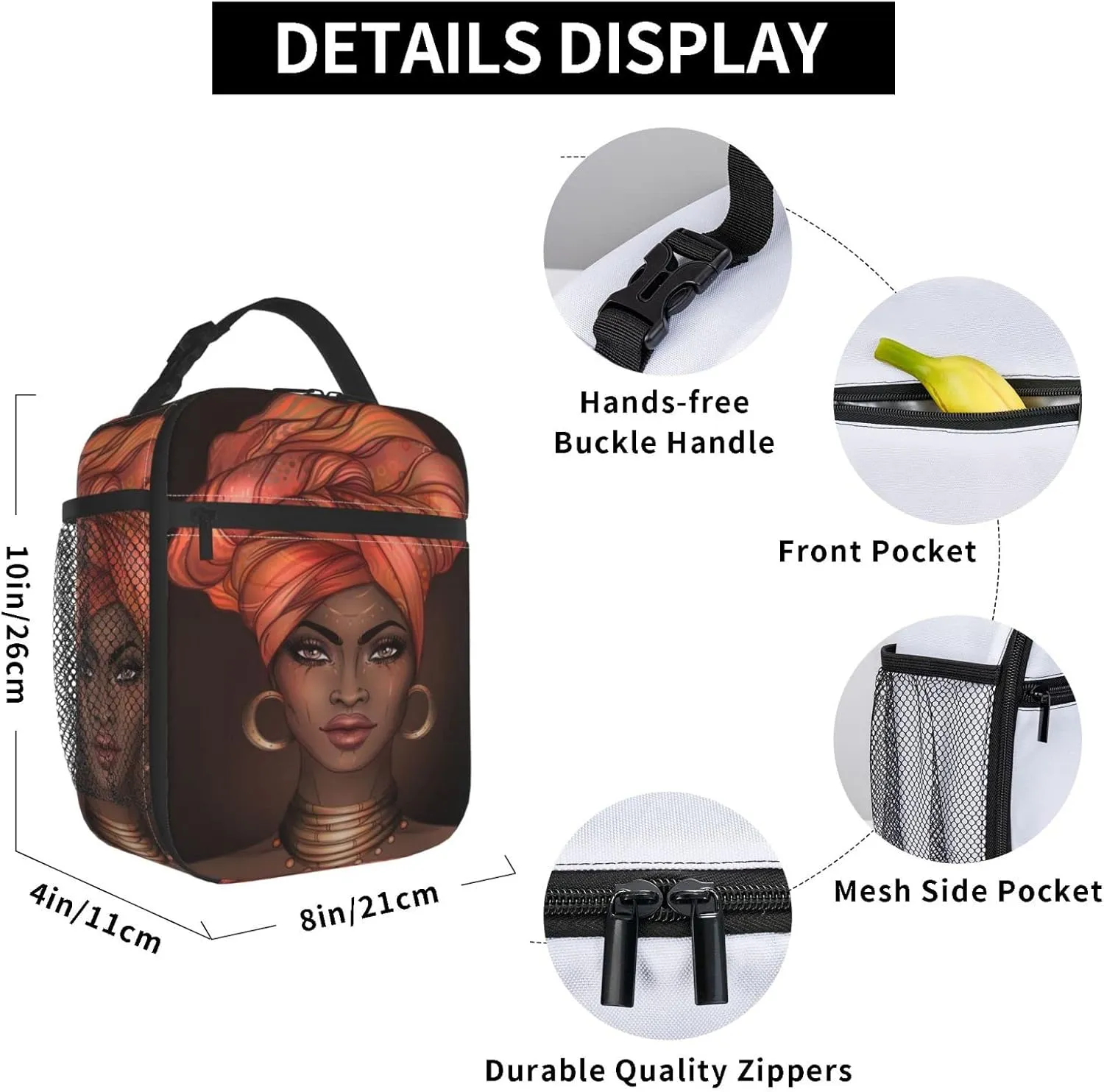 African American Black Woman Lunch Bag Insulated Portable Reusable Lunch Box With Zipper For Picnic Work Office Travel School