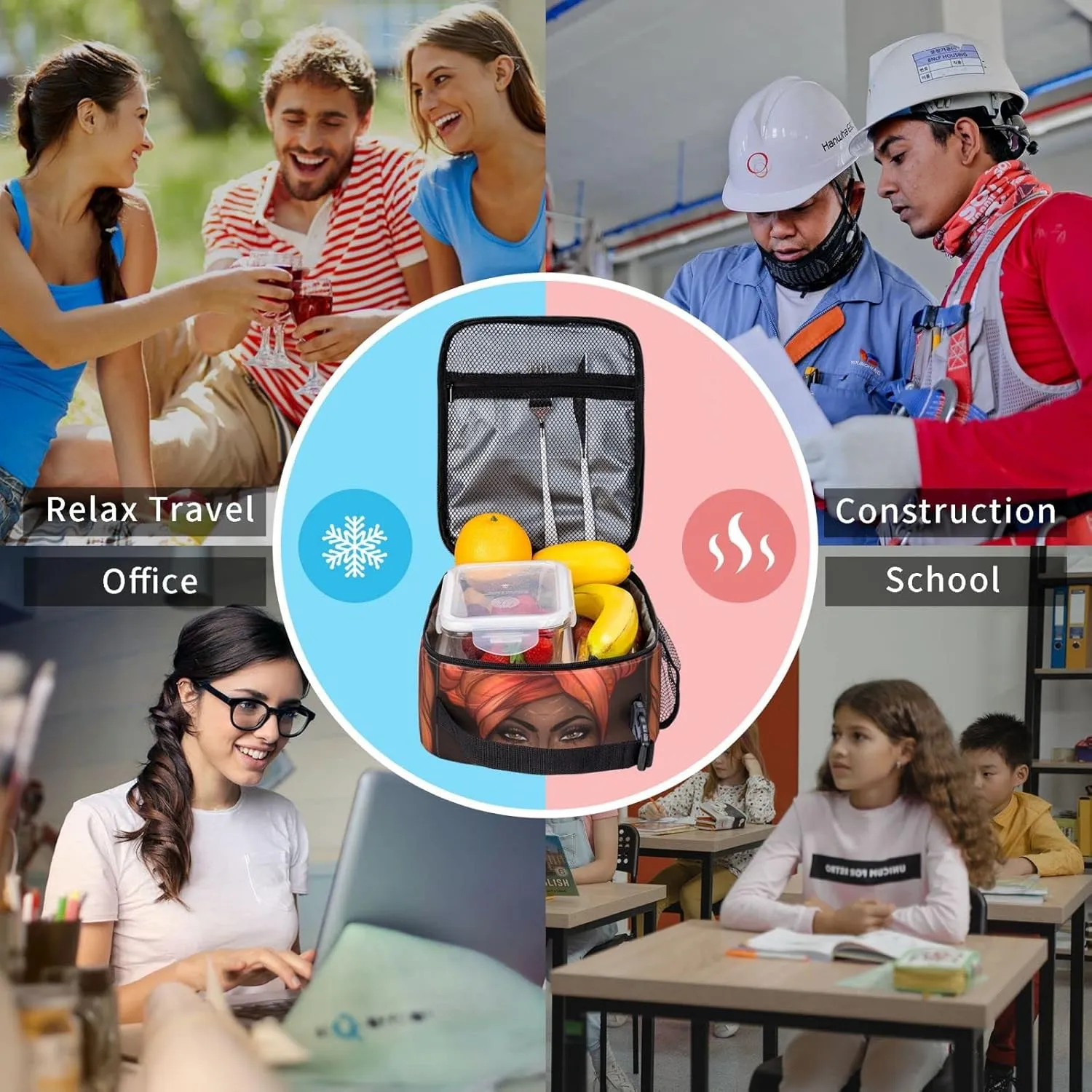 African American Black Woman Lunch Bag Insulated Portable Reusable Lunch Box With Zipper For Picnic Work Office Travel School