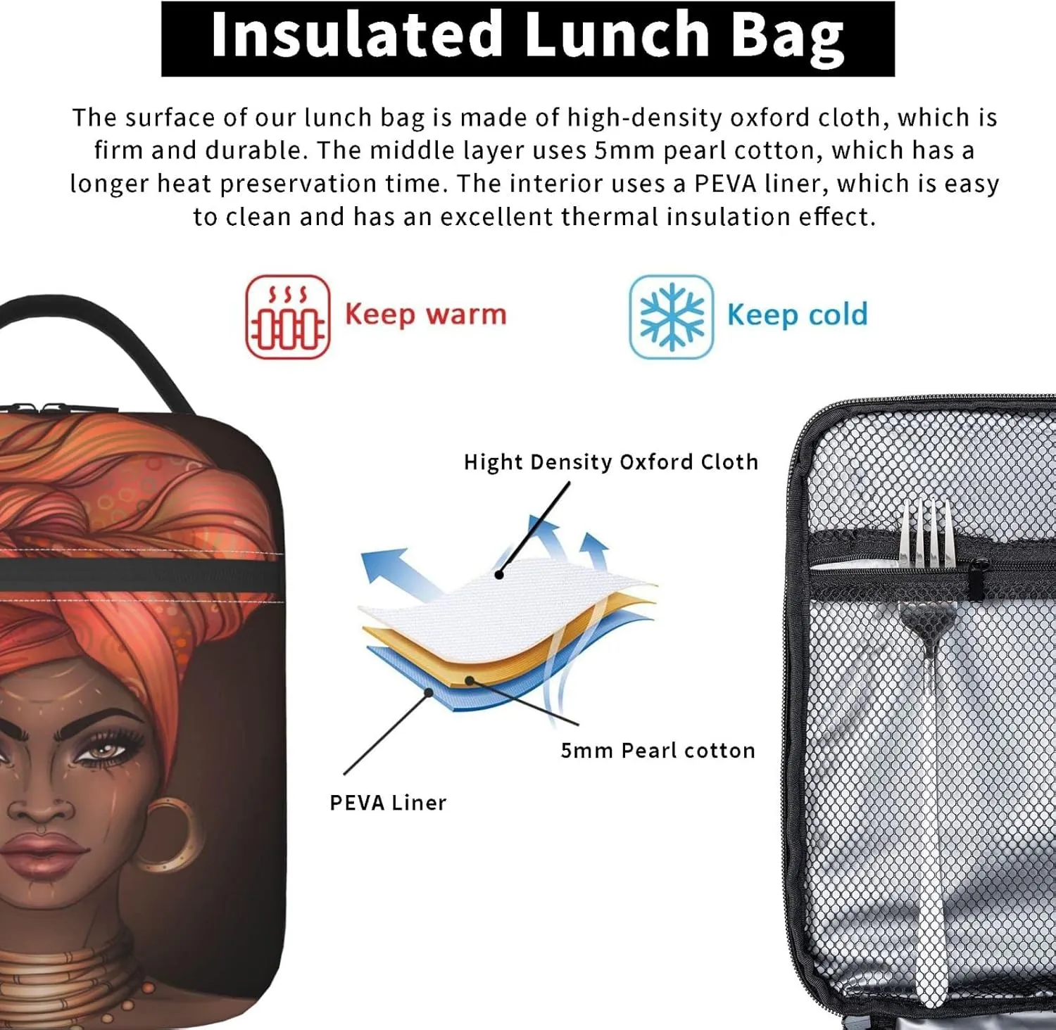 African American Black Woman Lunch Bag Insulated Portable Reusable Lunch Box With Zipper For Picnic Work Office Travel School