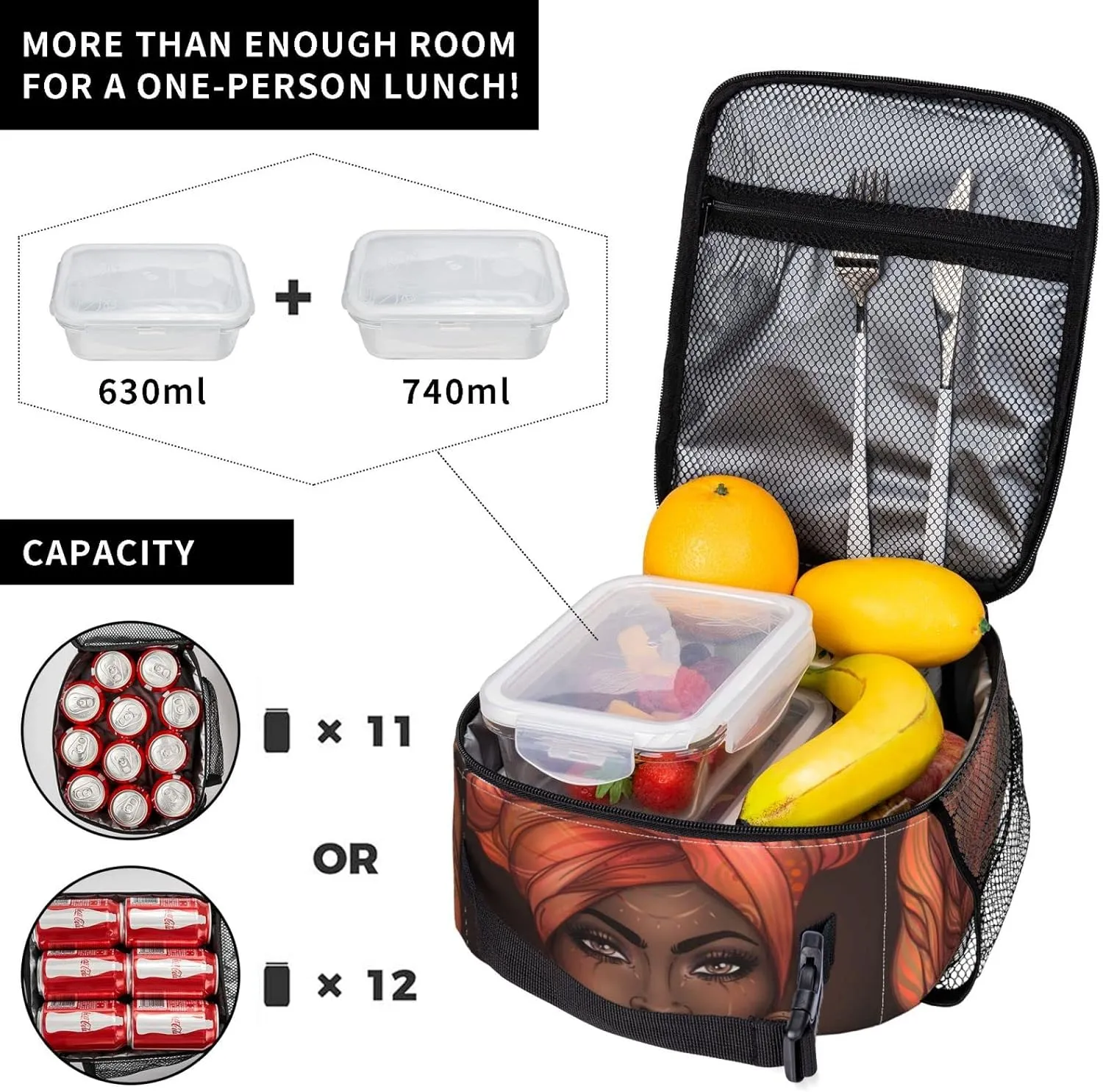 African American Black Woman Lunch Bag Insulated Portable Reusable Lunch Box With Zipper For Picnic Work Office Travel School