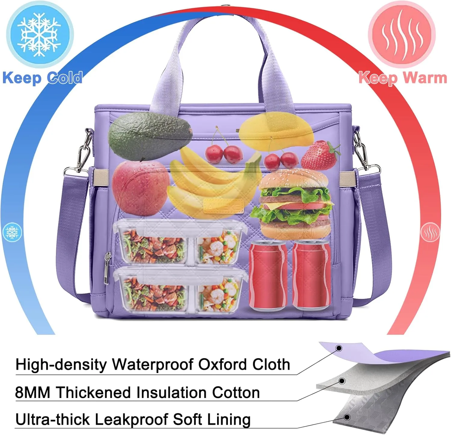 AIJIEKE Insulated Lunch Bag for Women, Lunch Box, Lunch Tote for Work, Large Leak Proof Cooler Bag with Removable Strap, Adult Reusable Lunchbag for Picnic Office Beach, Light Purple