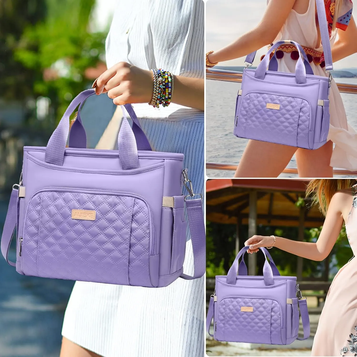 AIJIEKE Insulated Lunch Bag for Women, Lunch Box, Lunch Tote for Work, Large Leak Proof Cooler Bag with Removable Strap, Adult Reusable Lunchbag for Picnic Office Beach, Light Purple