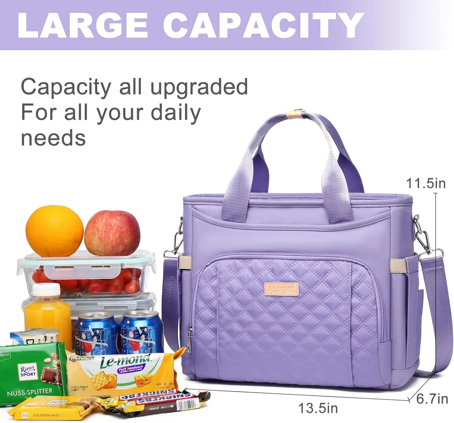 AIJIEKE Insulated Lunch Bag for Women, Lunch Box, Lunch Tote for Work, Large Leak Proof Cooler Bag with Removable Strap, Adult Reusable Lunchbag for Picnic Office Beach, Light Purple