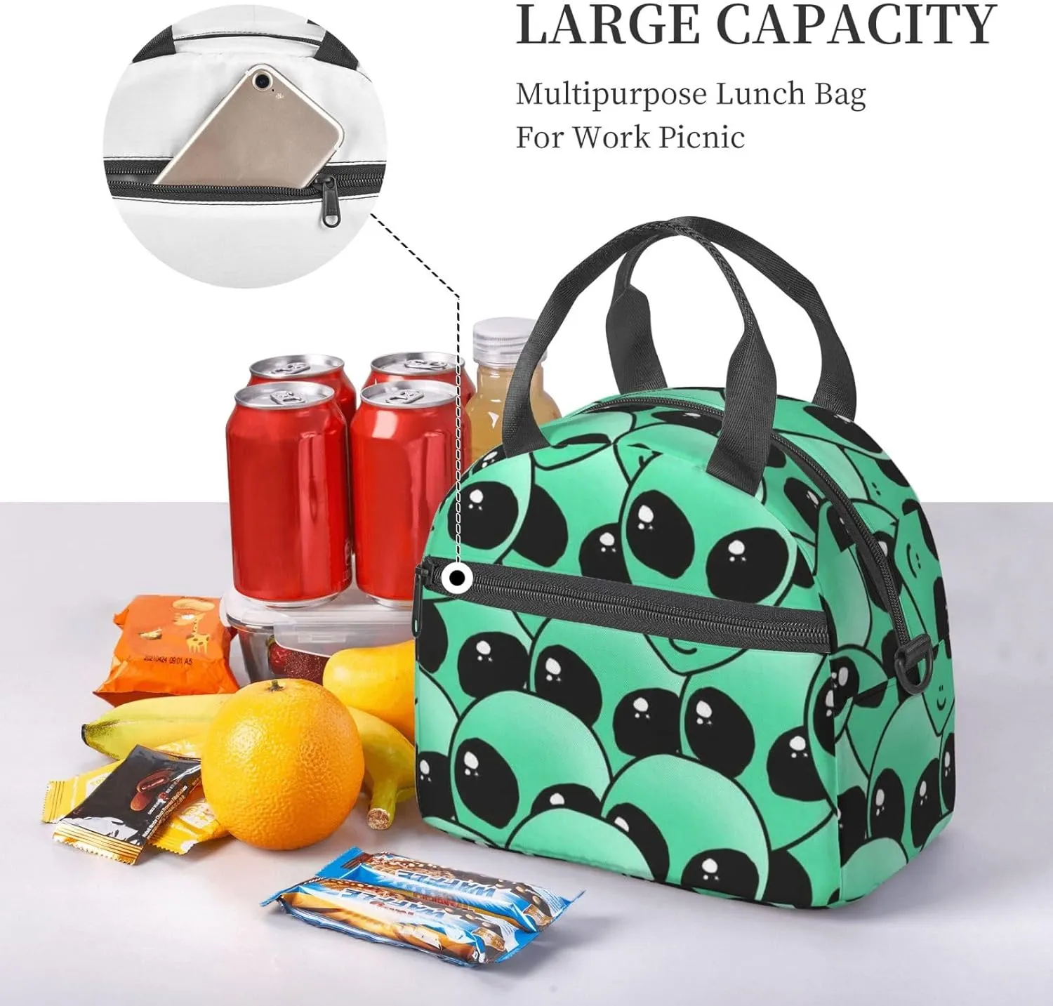 Alien Invasion Lunch Bag Hand Tote Crossbody Insulated Lunch Bag Large Portable Lunch Box