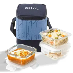 Allo Borosilicate Glass Lunch Box and Lunch Bag Set of 3, 320ml x 3, Square (Space Blue)