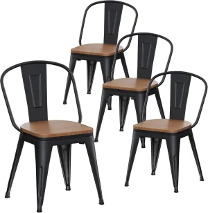Alunaune 18inch Metal Dining Chair Set of 4 High Back Classic Chic Iron Farmhouse Chairs Industrial Stackable Coffee Stools Bistro Cafe Side Barstools Wood Seat-Black
