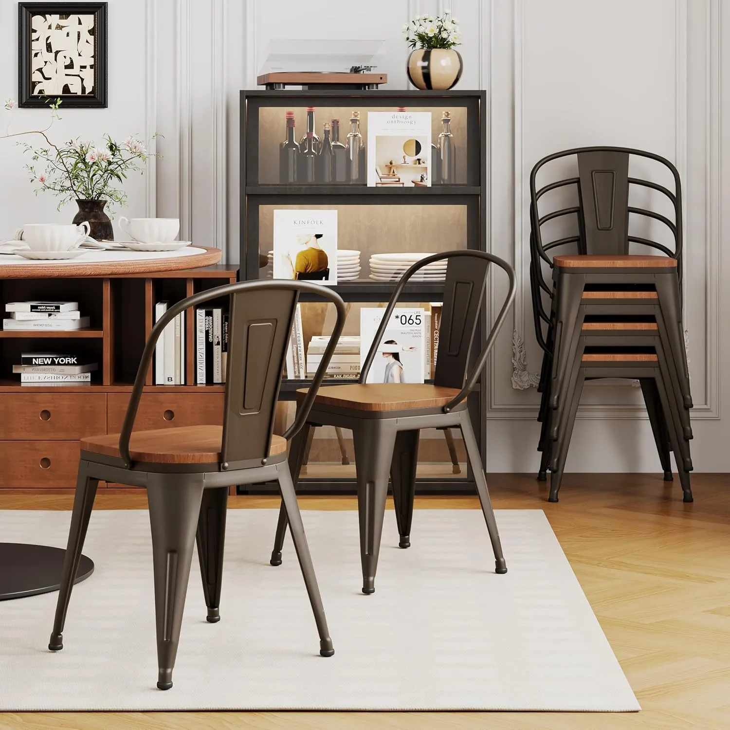 Alunaune 18inch Metal Dining Chair Set of 4 High Back Classic Chic Iron Farmhouse Chairs Industrial Stackable Coffee Stools Bistro Cafe Side Barstools Wood Seat-Rusty