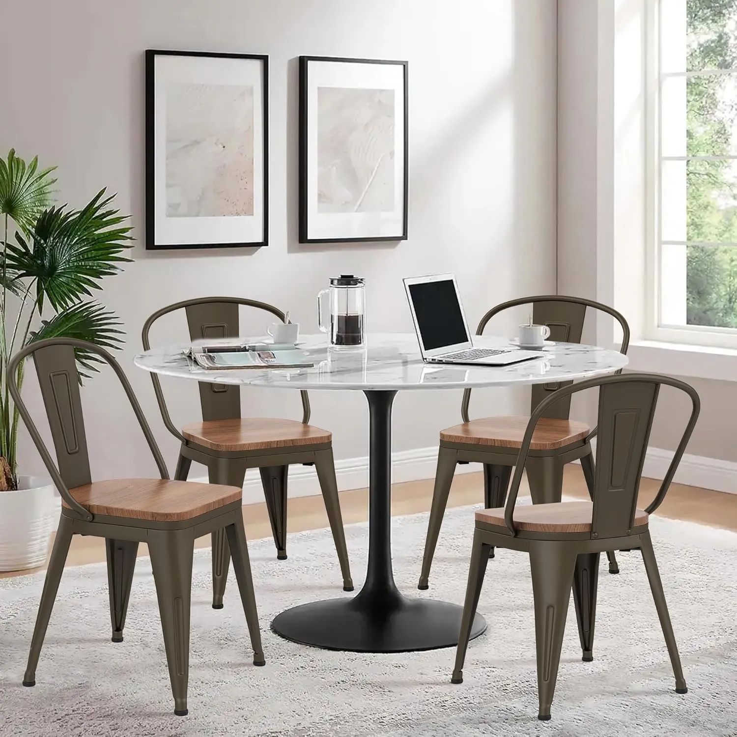 Alunaune 18inch Metal Dining Chair Set of 4 High Back Classic Chic Iron Farmhouse Chairs Industrial Stackable Coffee Stools Bistro Cafe Side Barstools Wood Seat-Rusty