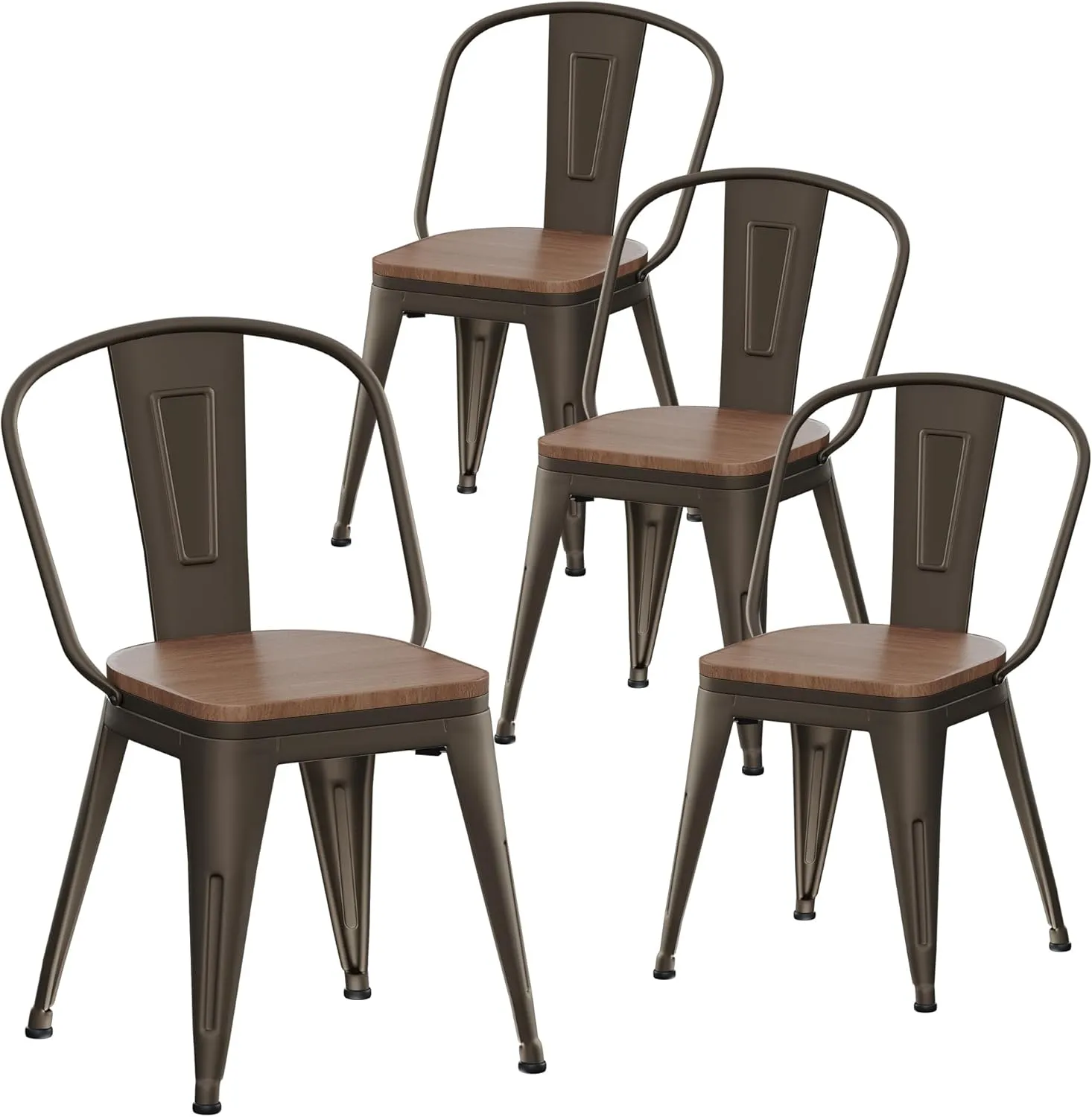 Alunaune 18inch Metal Dining Chair Set of 4 High Back Classic Chic Iron Farmhouse Chairs Industrial Stackable Coffee Stools Bistro Cafe Side Barstools Wood Seat-Rusty