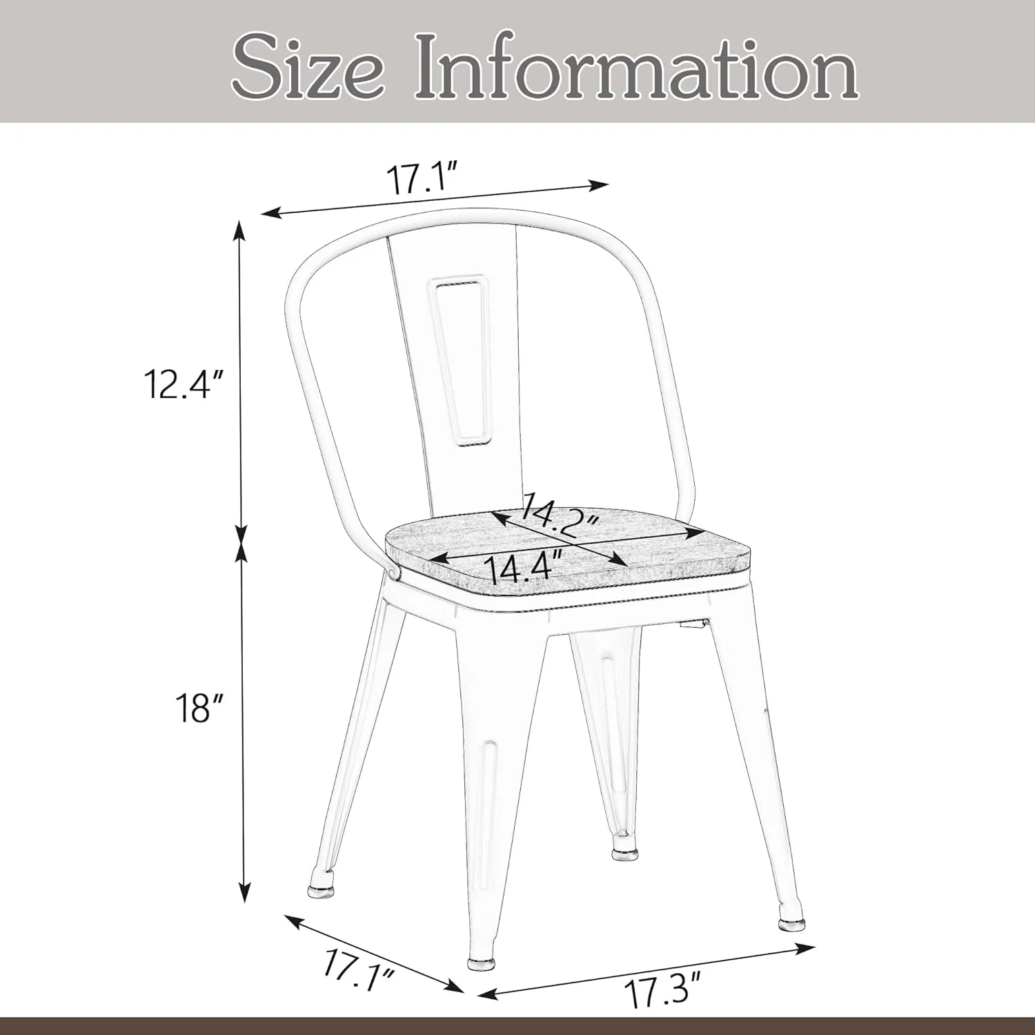 Alunaune 18inch Metal Dining Chair Set of 4 High Back Classic Chic Iron Farmhouse Chairs Industrial Stackable Coffee Stools Bistro Cafe Side Barstools Wood Seat-Rusty