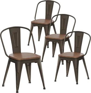 Alunaune 18inch Metal Dining Chair Set of 4 High Back Classic Chic Iron Farmhouse Chairs Industrial Stackable Coffee Stools Bistro Cafe Side Barstools Wood Seat-Rusty
