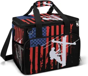American Lineman Pride Flag Graphic Cable Gift Cooler Bag, Collapsible Soft Sided Cooler, Large Leakproof Camping Cooler, Portable Travel Cooler for Camping, Road Trips