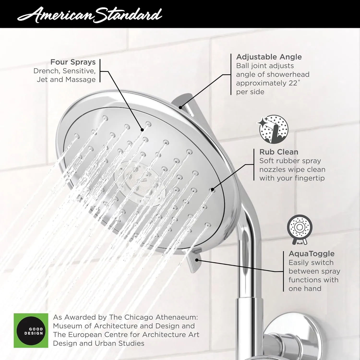 American Standard 9038074.295 Spectra Fixed 4-Function Adjustable Shower Head 7-inch 1.8 GPM, Brushed Nickel