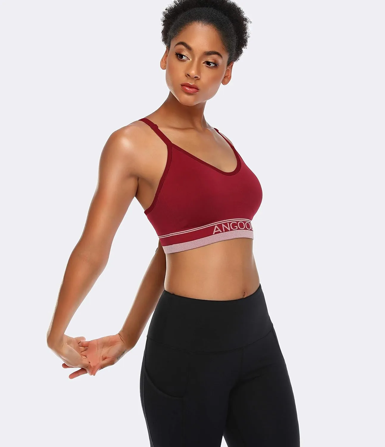 ANGOOL Strappy Sports Bra for Women, Longline Medium Support Yoga Bra Wirefree Padded Sports Bra with Adjustable Straps