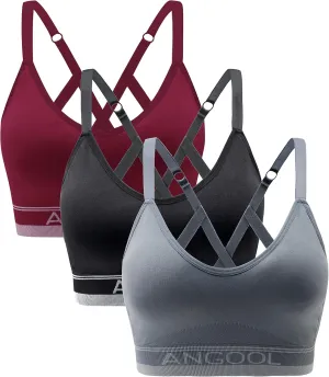 ANGOOL Strappy Sports Bra for Women, Longline Medium Support Yoga Bra Wirefree Padded Sports Bra with Adjustable Straps