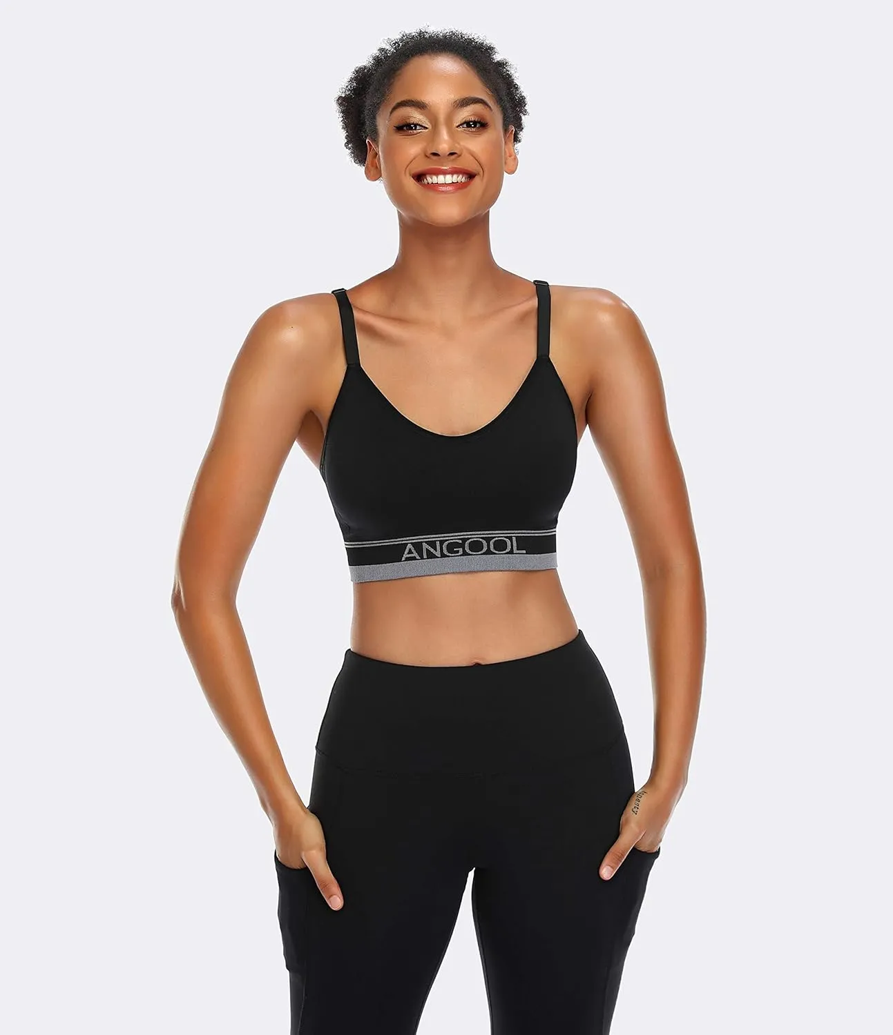 ANGOOL Strappy Sports Bra for Women, Longline Medium Support Yoga Bra Wirefree Padded Sports Bra with Adjustable Straps