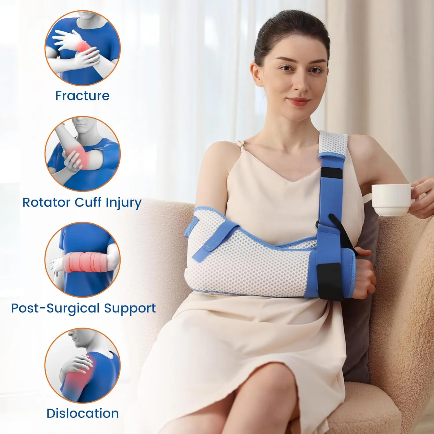 Arm Sling for Shoulder Injury with Waist Strap - Immobilizer Brace Support for Sleeping, Rotator Cuff Surgery (Mesh Version, Right, Medium,28.5-41 inch)