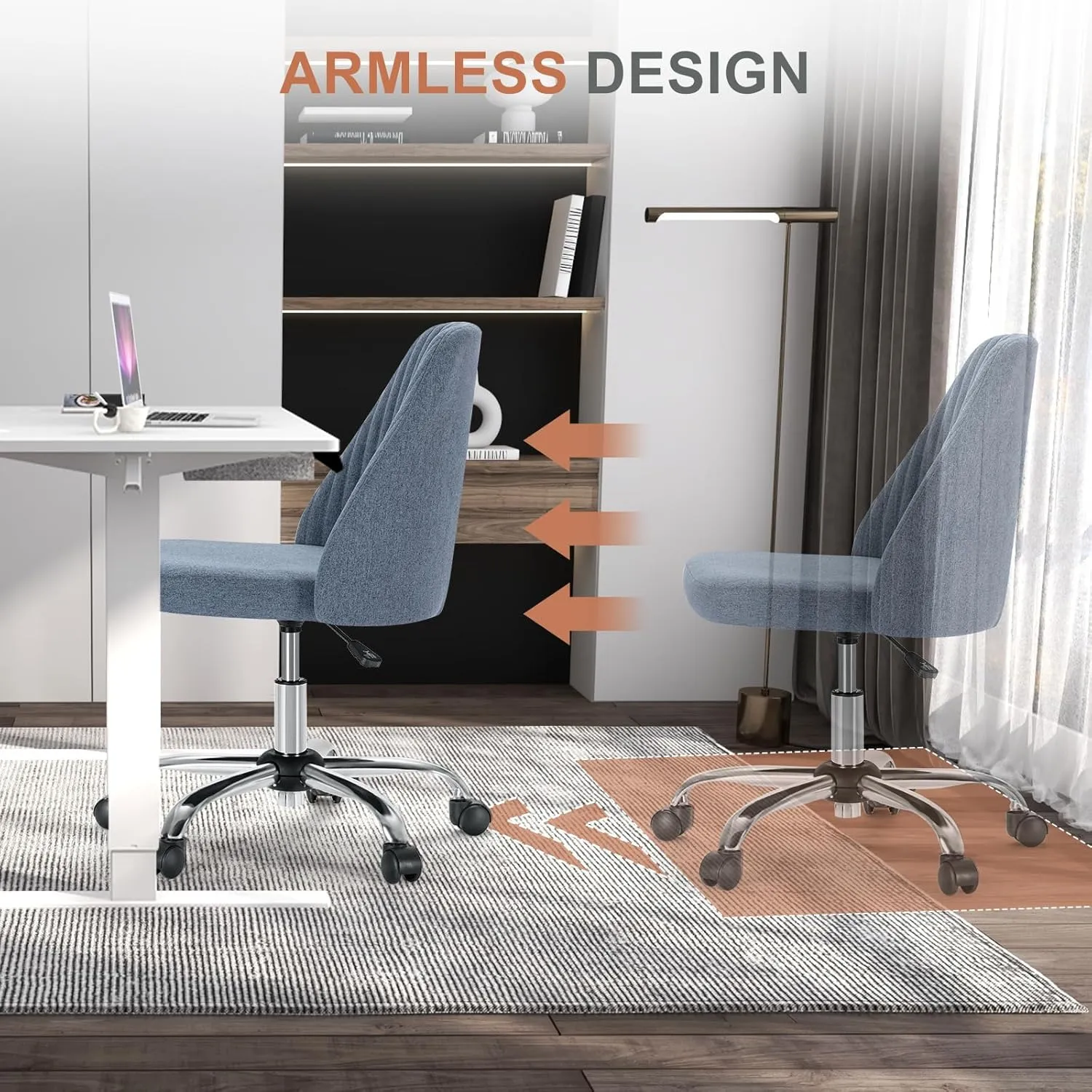 Armless Office Chair with Wheels, Modern Comfy Vanity Desk Chairs, Adjustable Height Rolling Swivel Small Task Chair for Teacher Students, Blue