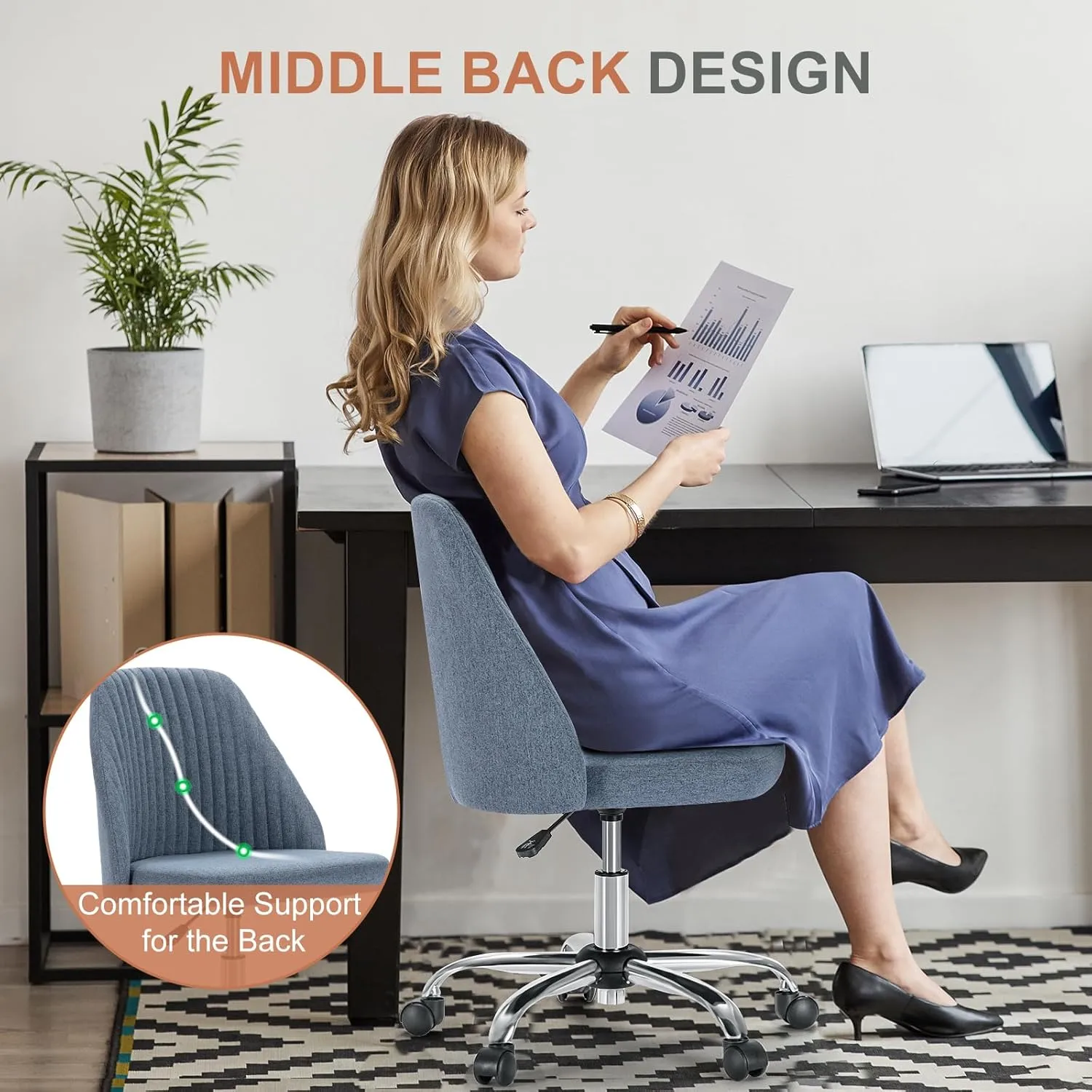 Armless Office Chair with Wheels, Modern Comfy Vanity Desk Chairs, Adjustable Height Rolling Swivel Small Task Chair for Teacher Students, Blue