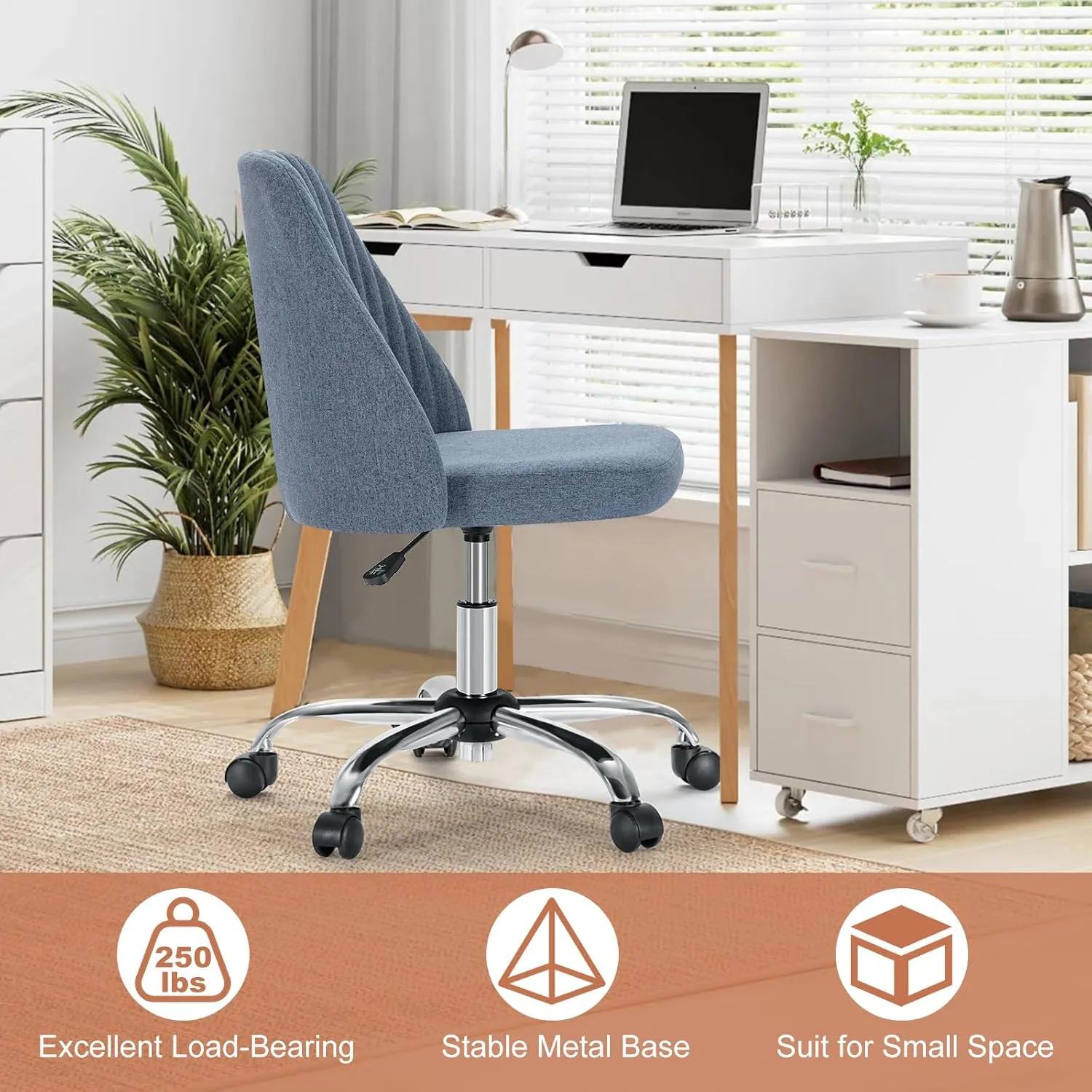 Armless Office Chair with Wheels, Modern Comfy Vanity Desk Chairs, Adjustable Height Rolling Swivel Small Task Chair for Teacher Students, Blue