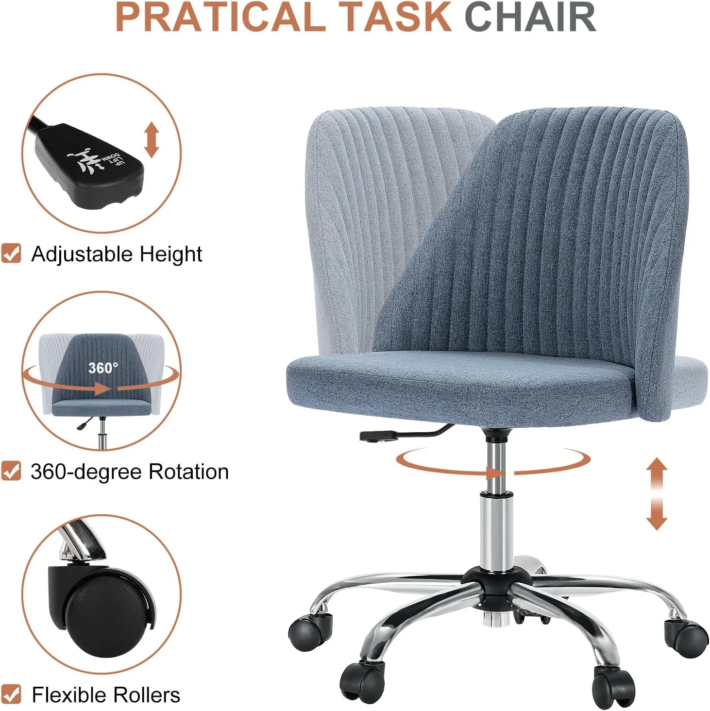 Armless Office Chair with Wheels, Modern Comfy Vanity Desk Chairs, Adjustable Height Rolling Swivel Small Task Chair for Teacher Students, Blue
