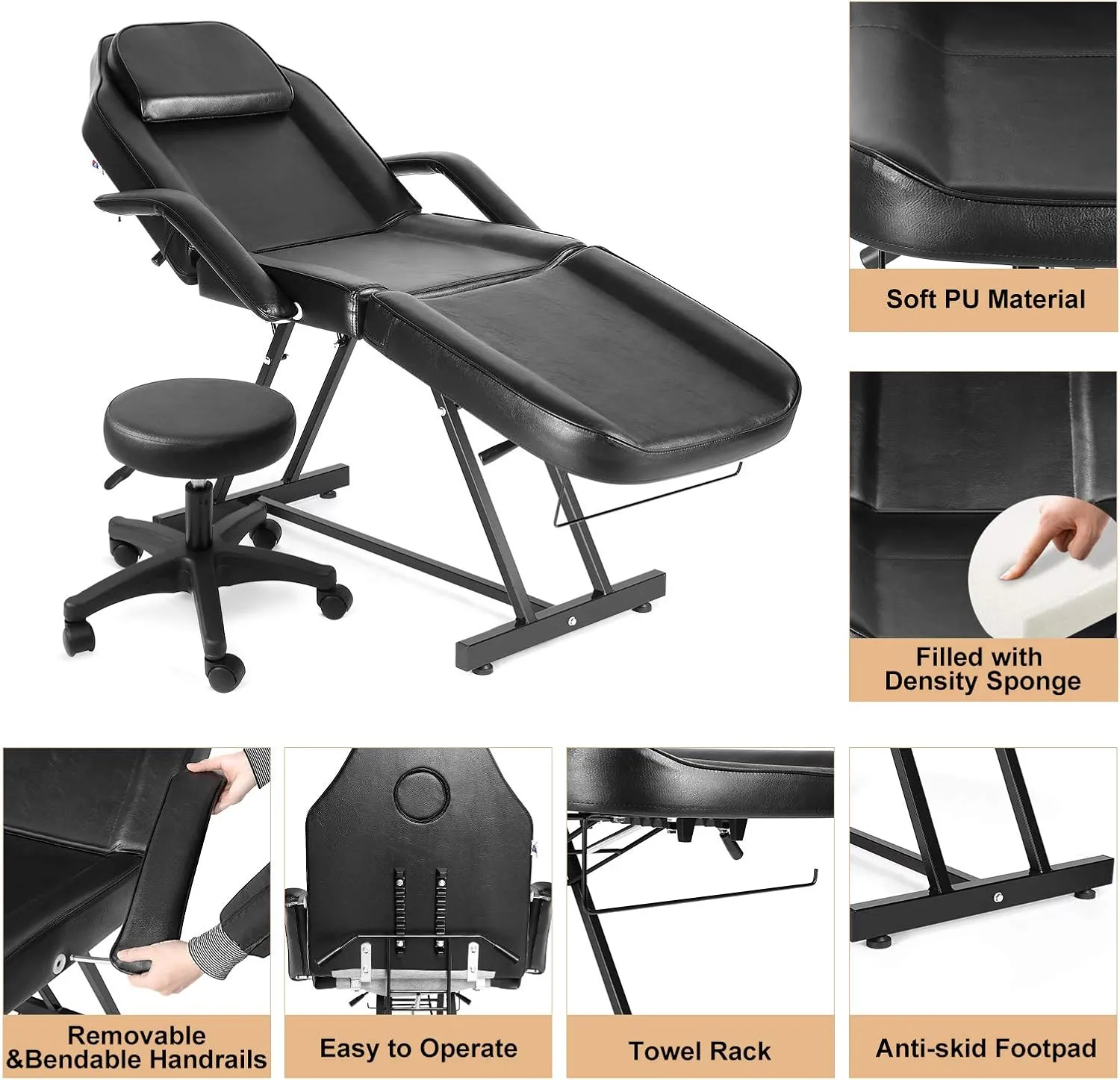 Artist hand Facial Bed Massage Table Adjustable Tattoo Chair W/Free Barber Bed Spa Chair Salon Massage Equipment Tattoo Bed Salon Chair with Tattoo Stool