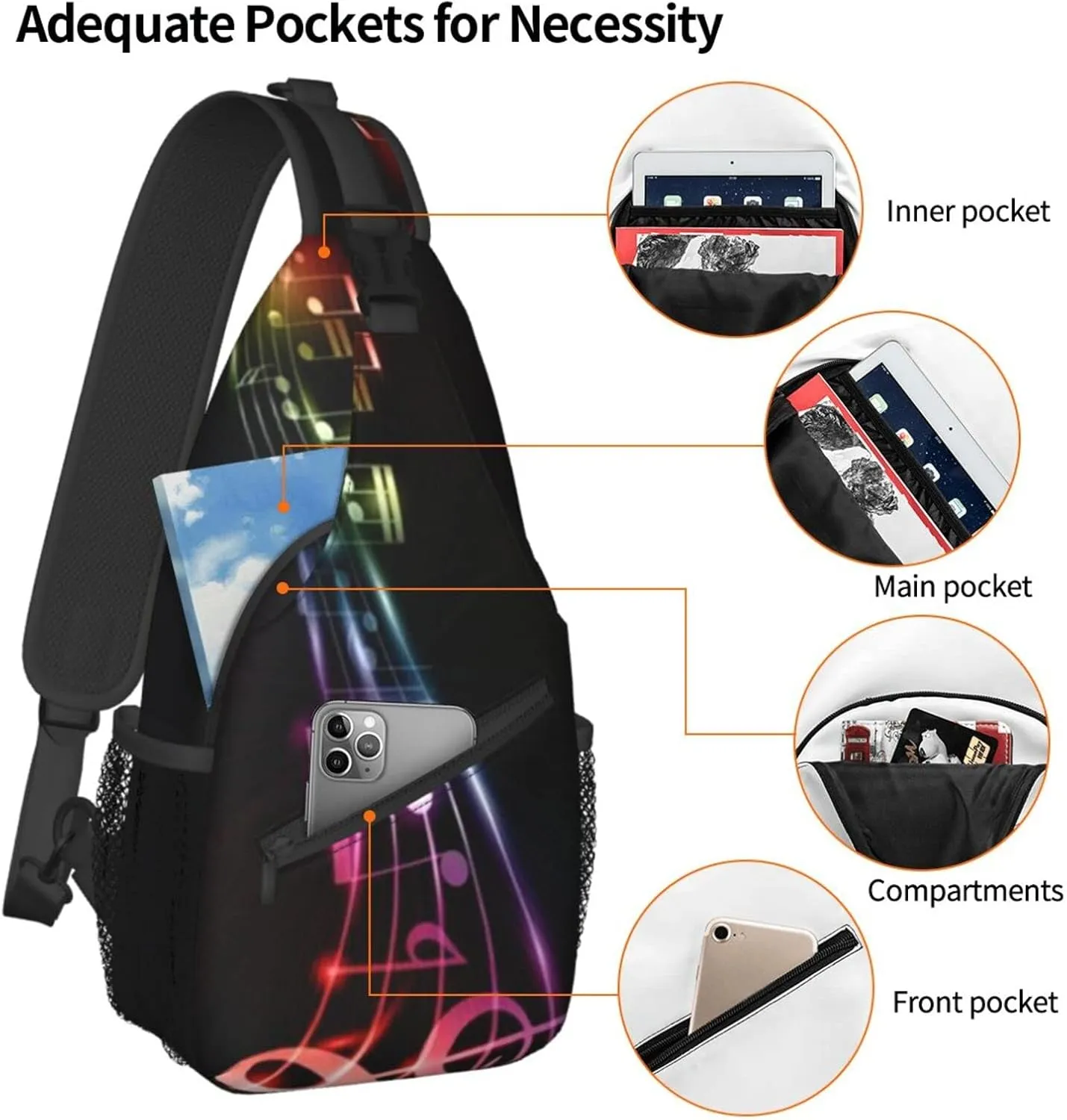 ASYG Music Sling Bag Crossbody Chest Daypack Casual Backpack Music Notes Shoulder Bag For Travel Hiking Sport Outdoor