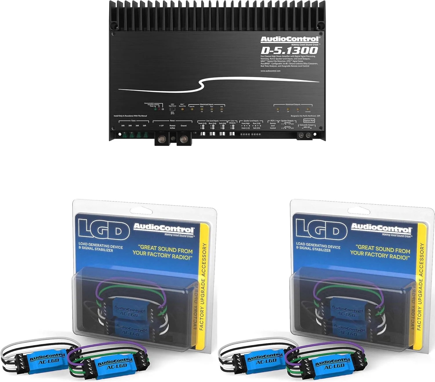 Audiocontrol D-5.1300 High Power DSP Multi-Channel Amplifier with Accubass with 2 Pairs AudioControl AC-LGD Load generating Devices for AudioControl Processors
