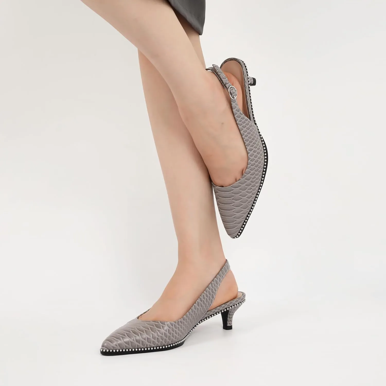 AUMOTED Women's Slingback Kitten Heels Pointed Toe Stiletto Low Heel Ankle-Strap with Beaded Pumps Dress Shoes 1.6 Inches