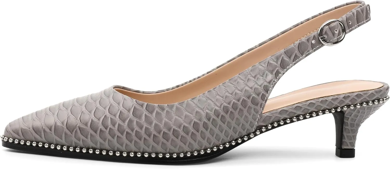 AUMOTED Women's Slingback Kitten Heels Pointed Toe Stiletto Low Heel Ankle-Strap with Beaded Pumps Dress Shoes 1.6 Inches