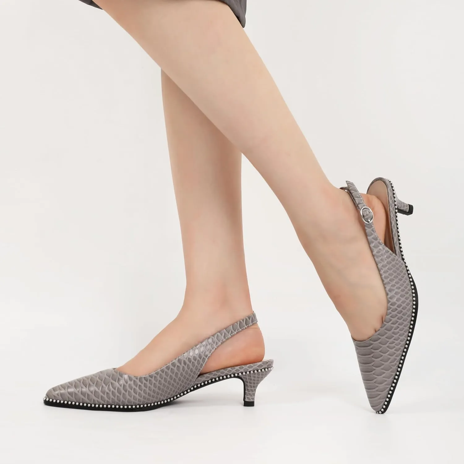 AUMOTED Women's Slingback Kitten Heels Pointed Toe Stiletto Low Heel Ankle-Strap with Beaded Pumps Dress Shoes 1.6 Inches